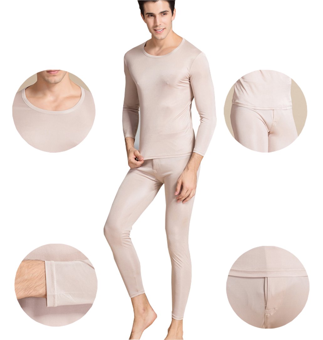 METWAY Silk Long Underwear Men's Mulberry Silk Long Johns Top and Bottom Thermal Underwear Set/Base Layer Medium Beige