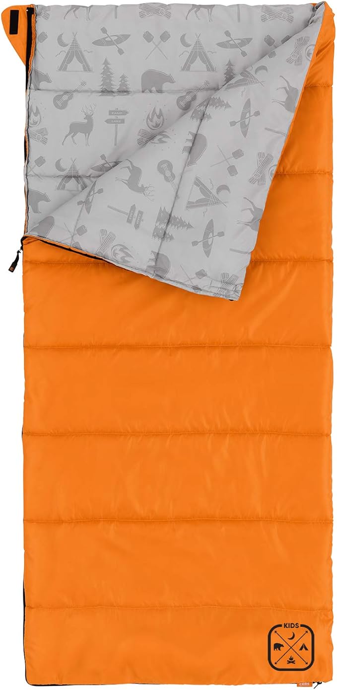 CORE 50 Degree Youth Sleeping Bag | Lightweight & Compact for Boys & Girls | Perfect for Indoor or Outdoor Use, Camping, Backpacking, Hiking, & Sleepovers | Ideal for Warm & Cooler 3 Season Weather