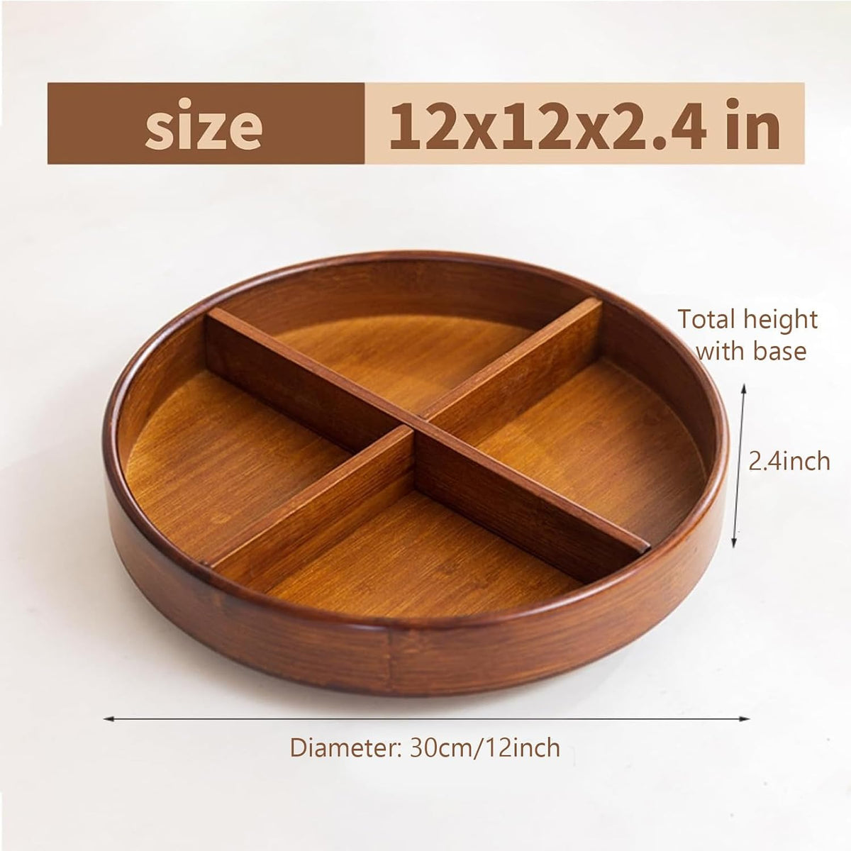 Bamboo Lazy Susan Organizer, 12'' Turntable Bamboo Tray with Removable Dividers, Rotating Spice Rack, Large Lazy Susan Turntable Organizer for Cabinet, Kitchen, Bathroom, Table