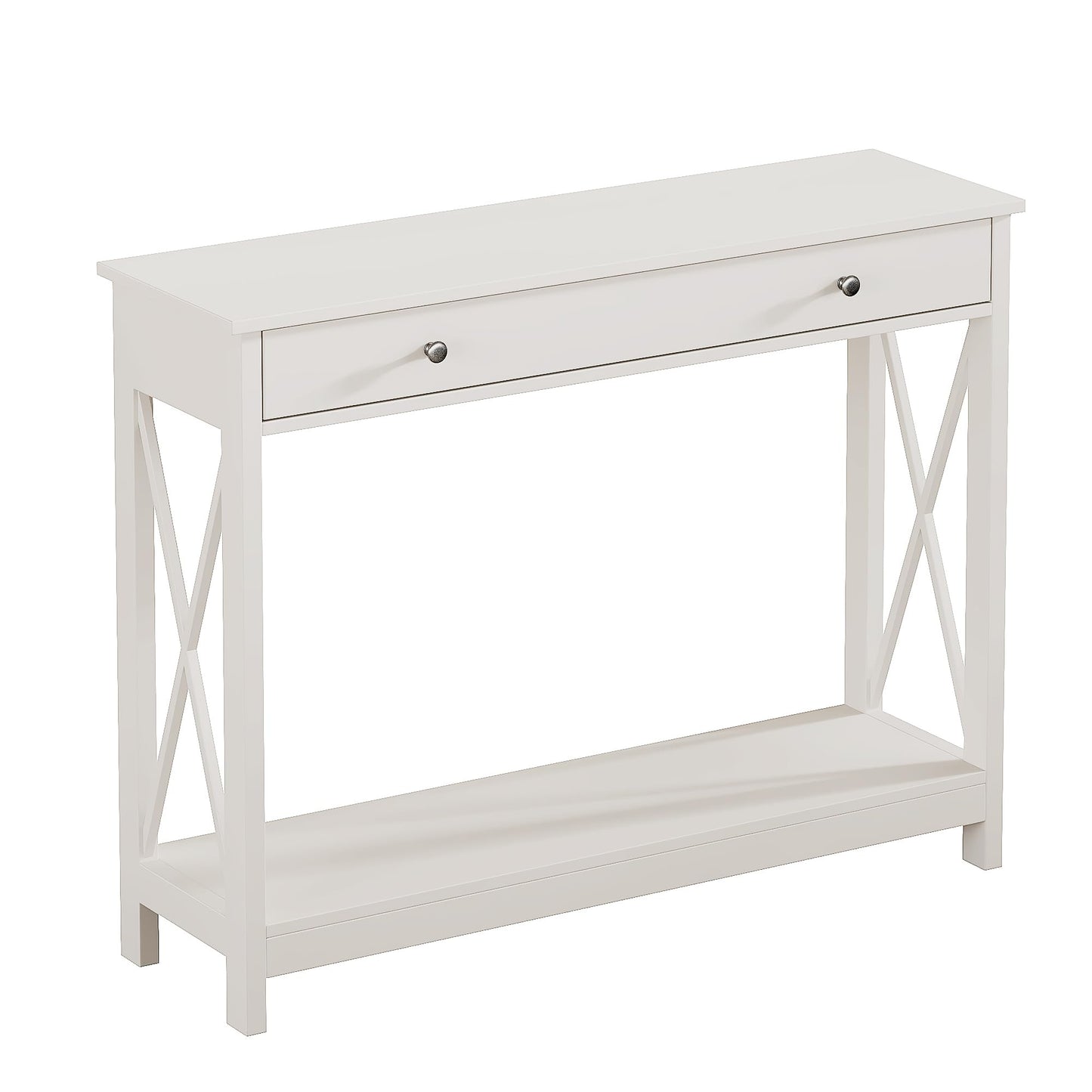 Treocho White Console Table with Drawer and Storage Shelves, Foyer Sofa Table Narrow for Entryway, Living Room, Hallway