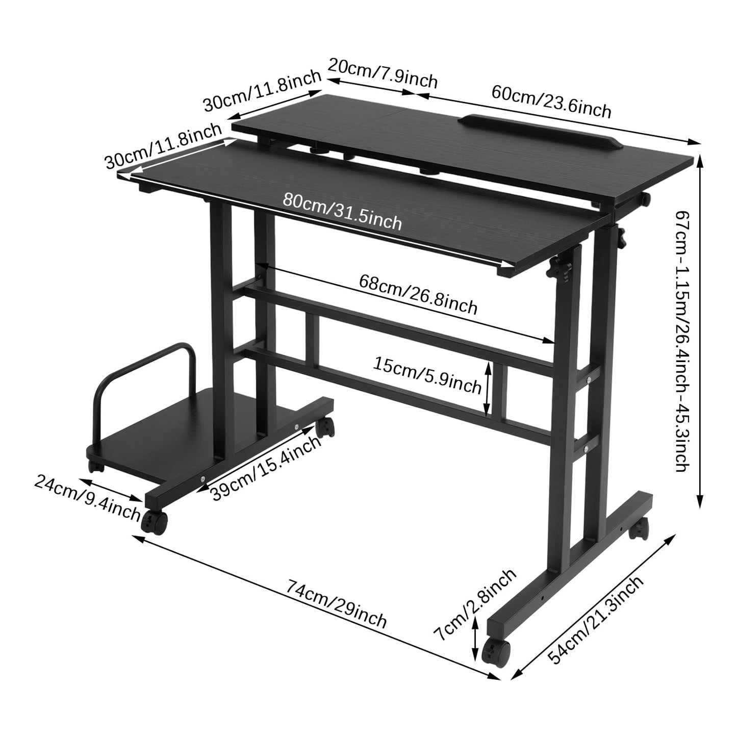 JOMCYDM Height Adjustable Mobile Laptop Desk Standing Desk with Wheels Portable Computer Table Rolling Working Station with Storage Shelves for Home Office Small Space