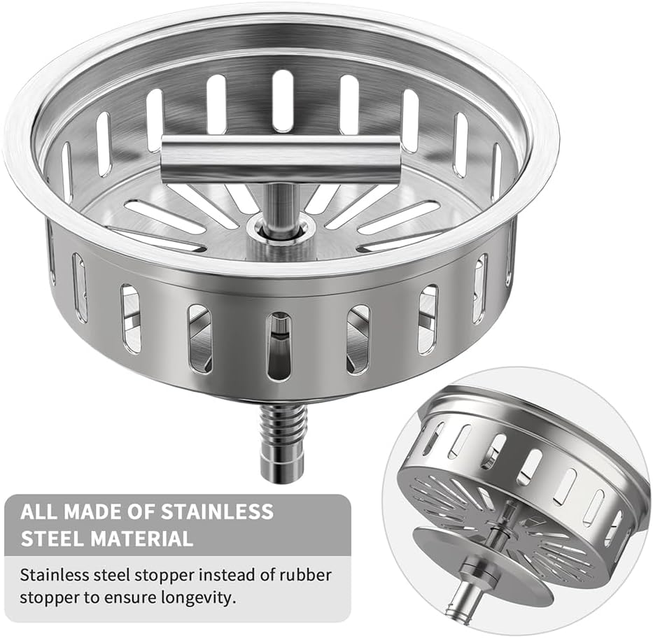 KONE Kitchen Sink Drain Sink Strainer 3-1/2 Inch Drain Assembly Kit Replacement for Universal 3.5 Inch Kitchen Sink, All Stainless Steel Body with Strainer Basket and Drain Stopper (9171，Stainless)