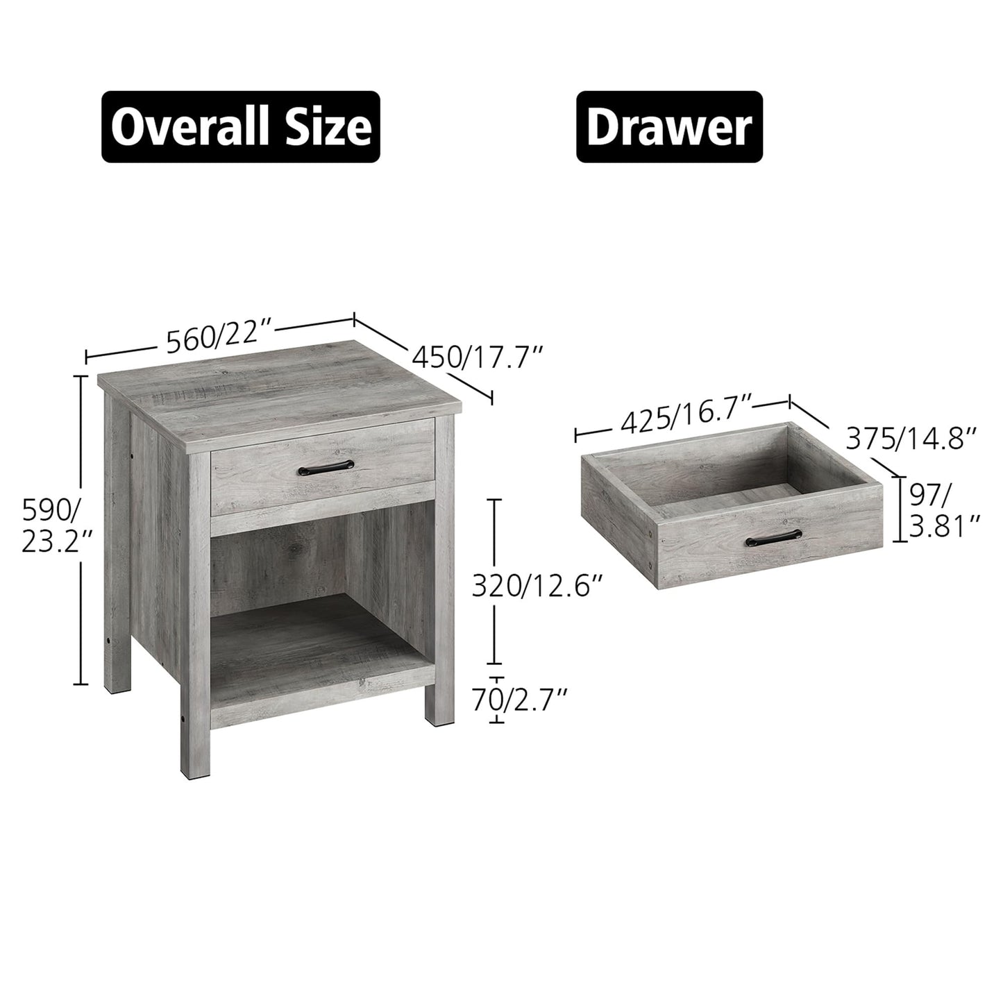 GarveeHome Farmhouse Nightstand Set of 2, Night Stand Bedside Table with Drawer and Storage Shelf, Rustic End Side Table for Bedroom, Living Room, Small Spaces, Grey