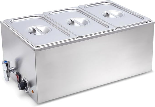 SYBO Commercial Grade Stainless Steel Bain Marie Buffet Food Warmer Steam Table for Catering and Restaurants, Good for Parties Buffet Servers and Warmers, 3 Sections with Tap, Sliver