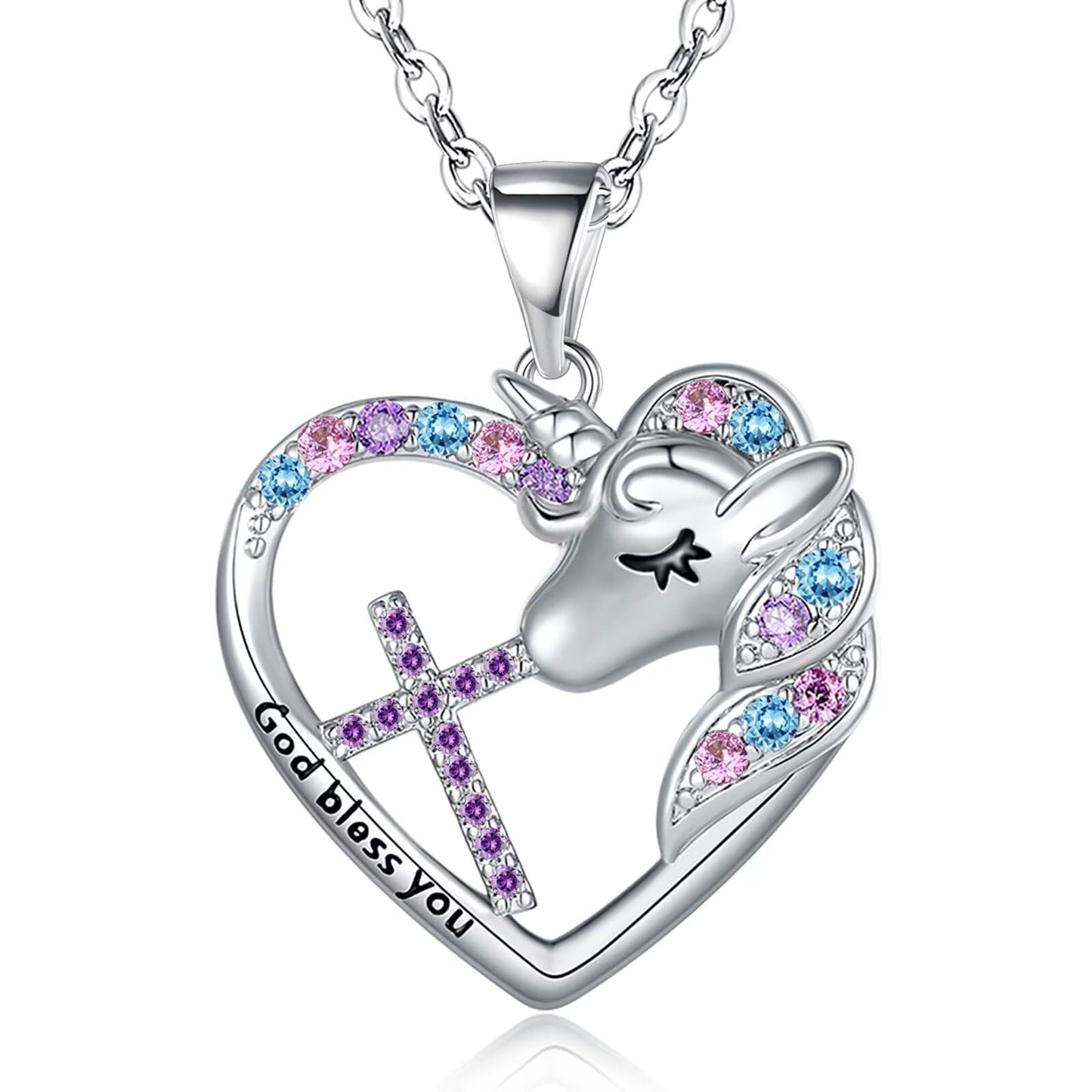 BAOWING Unicorn Cross Necklace for Kids Girls Birthstone Heart Pendant Jewelry First Communion Baptism Confirmation Gifts for Godchild Teens Little Girls Daughtet Granddaughter February
