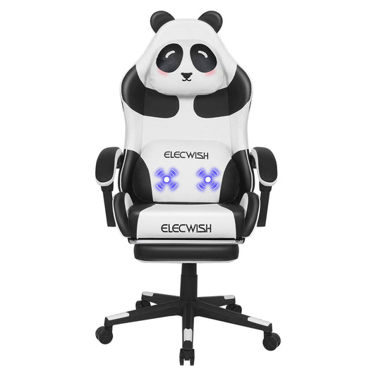 ELECWISH Gaming Chair with Footrest, Cute Gaming Chair with Massager Lumbar Cushion, Ergonomic Reclining Comfortable Computer Chair, Panda White