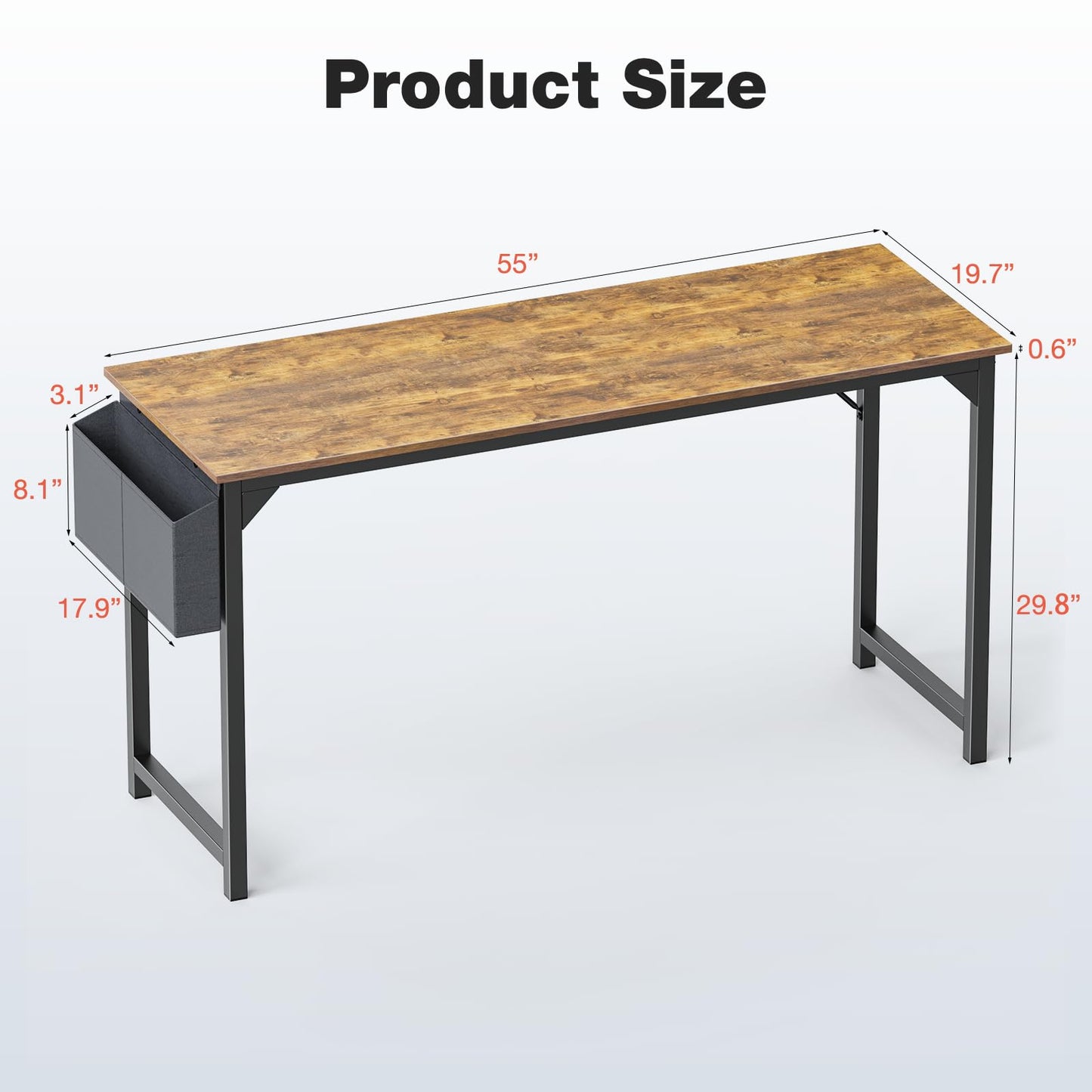OLIXIS Computer Office Desk, 55 Inch Writing Work Study PC Wood Modern Desk with Storage Bag & Headphone Hook Simple Bedroom for 2 Person Kids Student Table, Rustic Brown