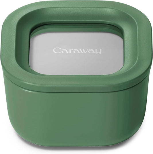 Caraway Mini Square Food Storage Container - 1.75 Cup Glass Storage Container for Food - Non-Toxic Ceramic-Coated Glass - Air Release Technology - Compact & Stackable Design - Sage