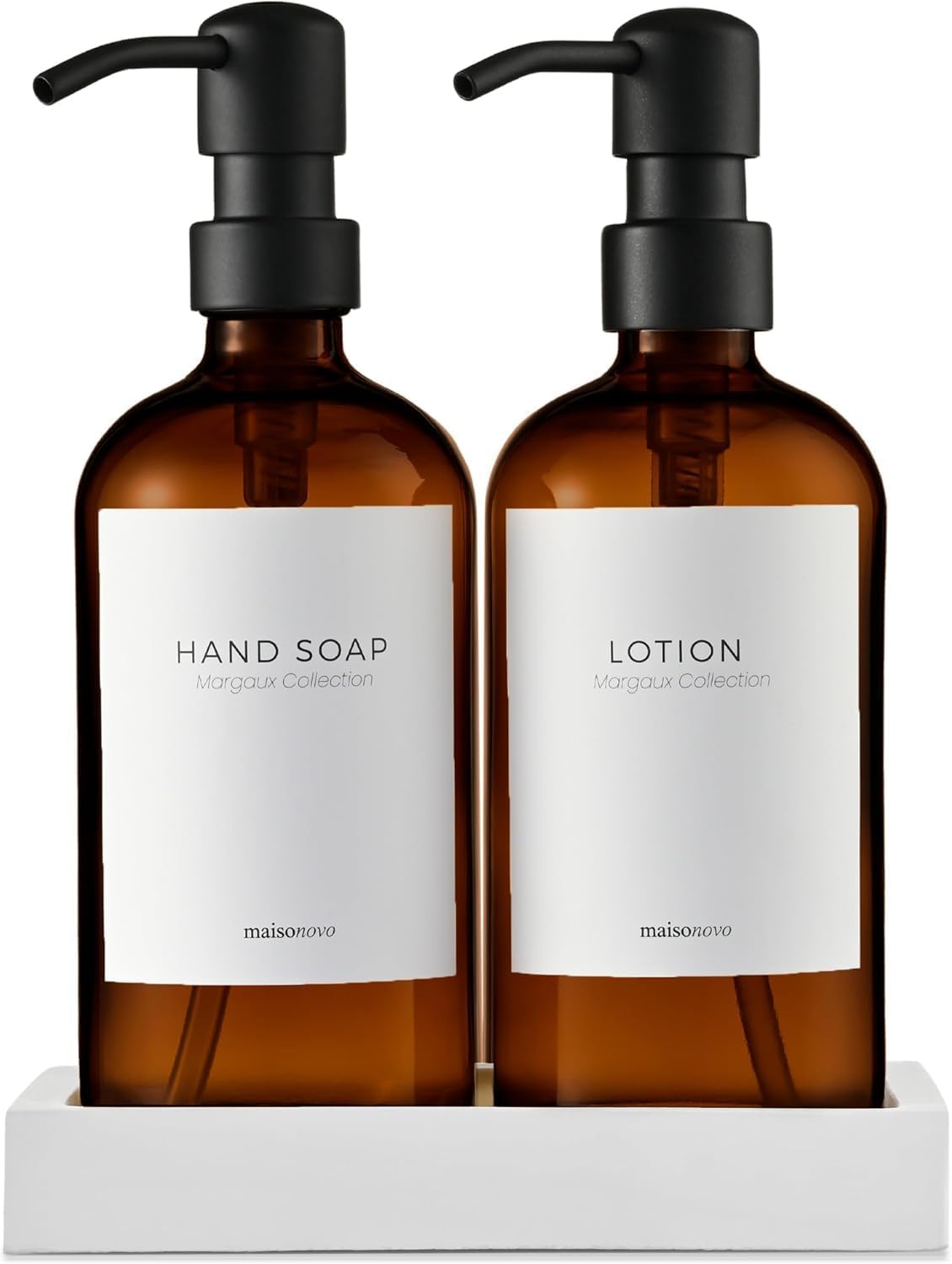 MaisoNovo Soap Dispenser 3-Piece Set | 16.9oz Amber Bottles with Black Stainless Steel Pumps