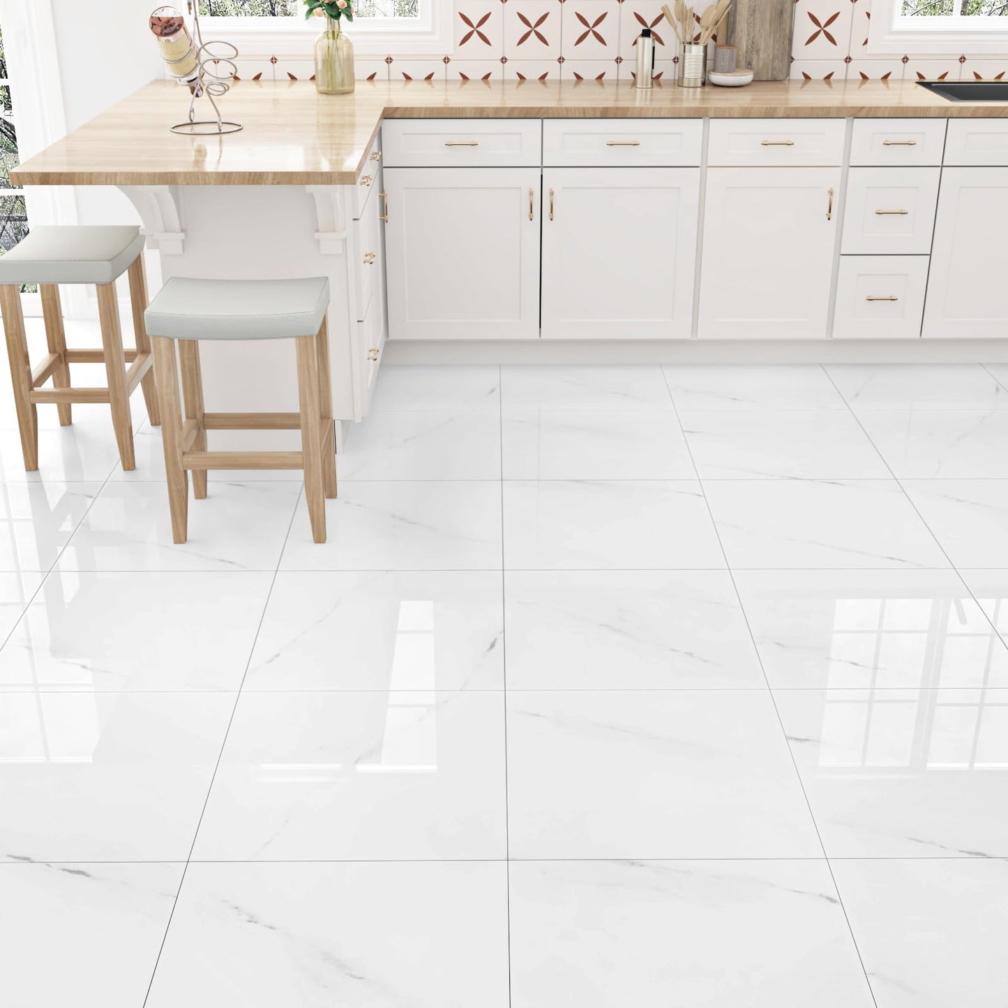 WESTICK White Marble Bathroom Stick on Floor Tiles Peel and Stick Waterproof Vinyl Flooring Adhesive Flooring Tiles for Kitchen Bedroom Camper 12 x 12 in 5 PCS