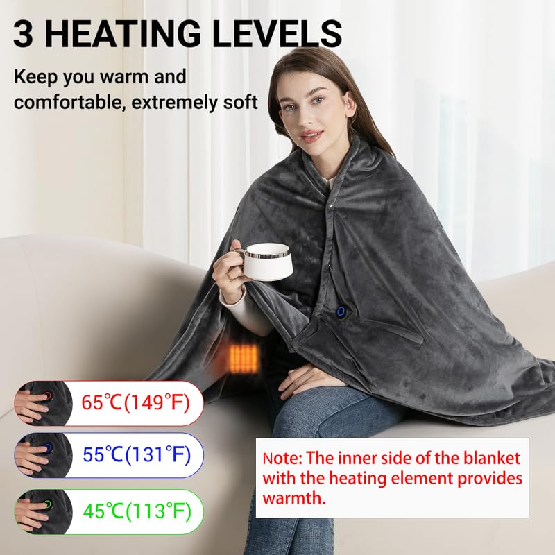 Rutoab Heated Blanket with 20000mAh Power Bank, 58"X35" Dual-Sided Crystal Velvet, Rapid Heating, 3 Temps, Portable Cordless Heated Throw Shawl for Indoor & Outdoor Comfort (Dark Gray)
