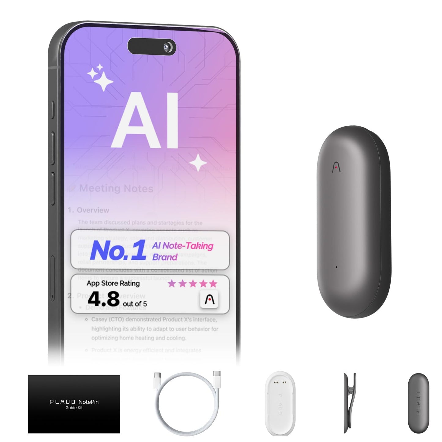 AI Voice Recorder, PLAUD NotePin Voice Recorder, App Control, AI Notetaker, AI Transcribe & Summarize, Support 112 Languages, 64GB Memory, Audio Recorder for Lectures, Meetings, Cosmic Gray