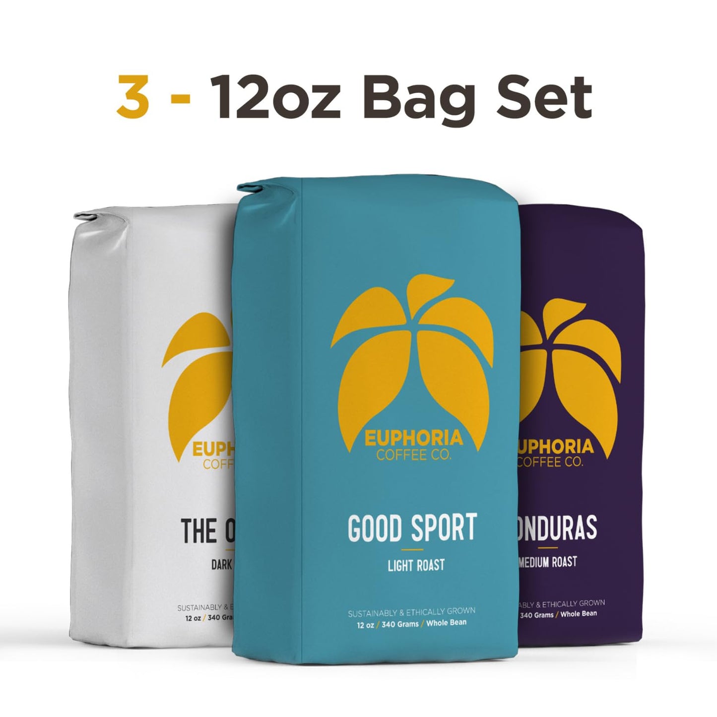 EUPHORIA COFFEE CO. Whole Bean Variety Pack with Good Sport Light Roast, Honduras Medium Roast, and The Office Dark Roast | 12oz Bag (3 Pack)