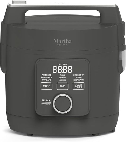 Martha Stewart Rice Cooker, 4 Cup (Uncooked) / 8 Cup (Cooked), Ceramic Non-Stick Removable Pot, Keep Warm, Measure Markings, Steam Basket, Brown & Sushi Rice, Quick Cook, Quinoa, Grains, Oats, Caviar Gray