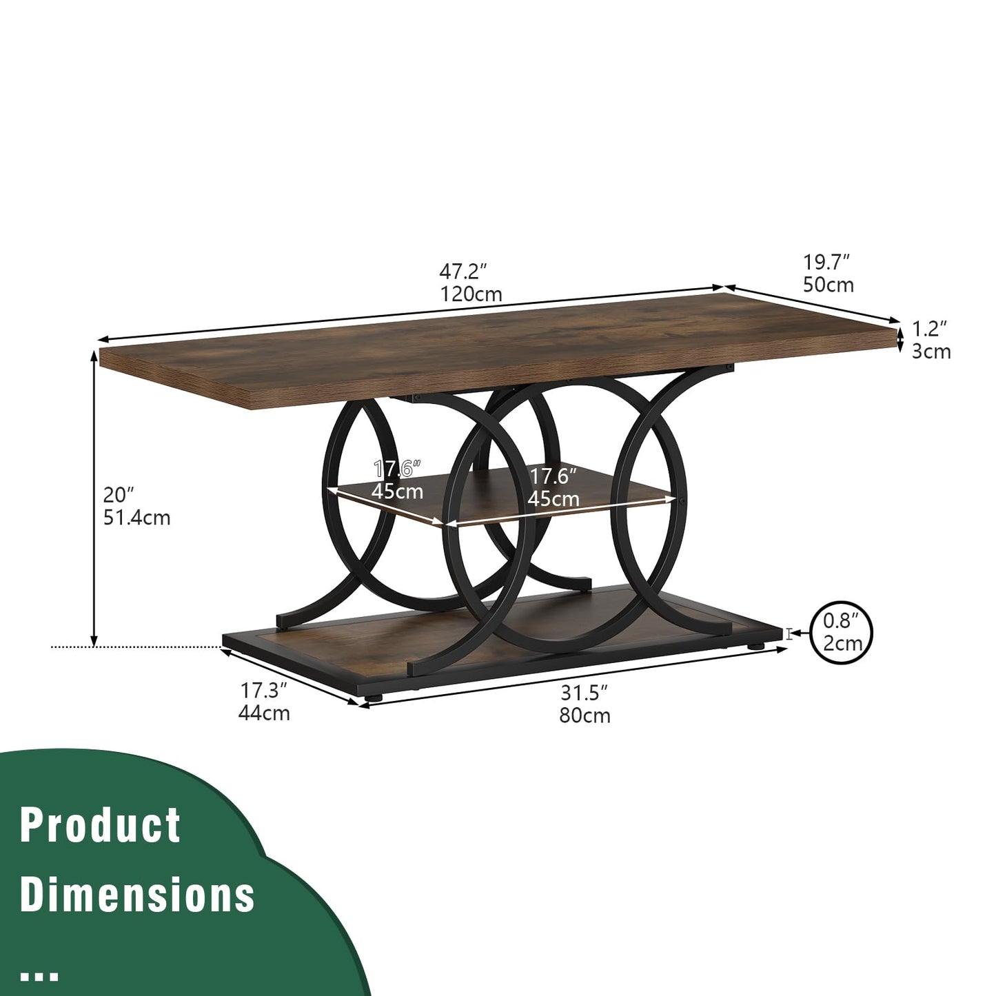 GiftGo Rustic Coffee Table with Storage Industrial 3 Tier Center Living Room Table Farmhouse Wooden Rectangle Cocktail Tea Table for Office Bedroom Elegant Full Moon Round Metal Frame (Brown, L-47)