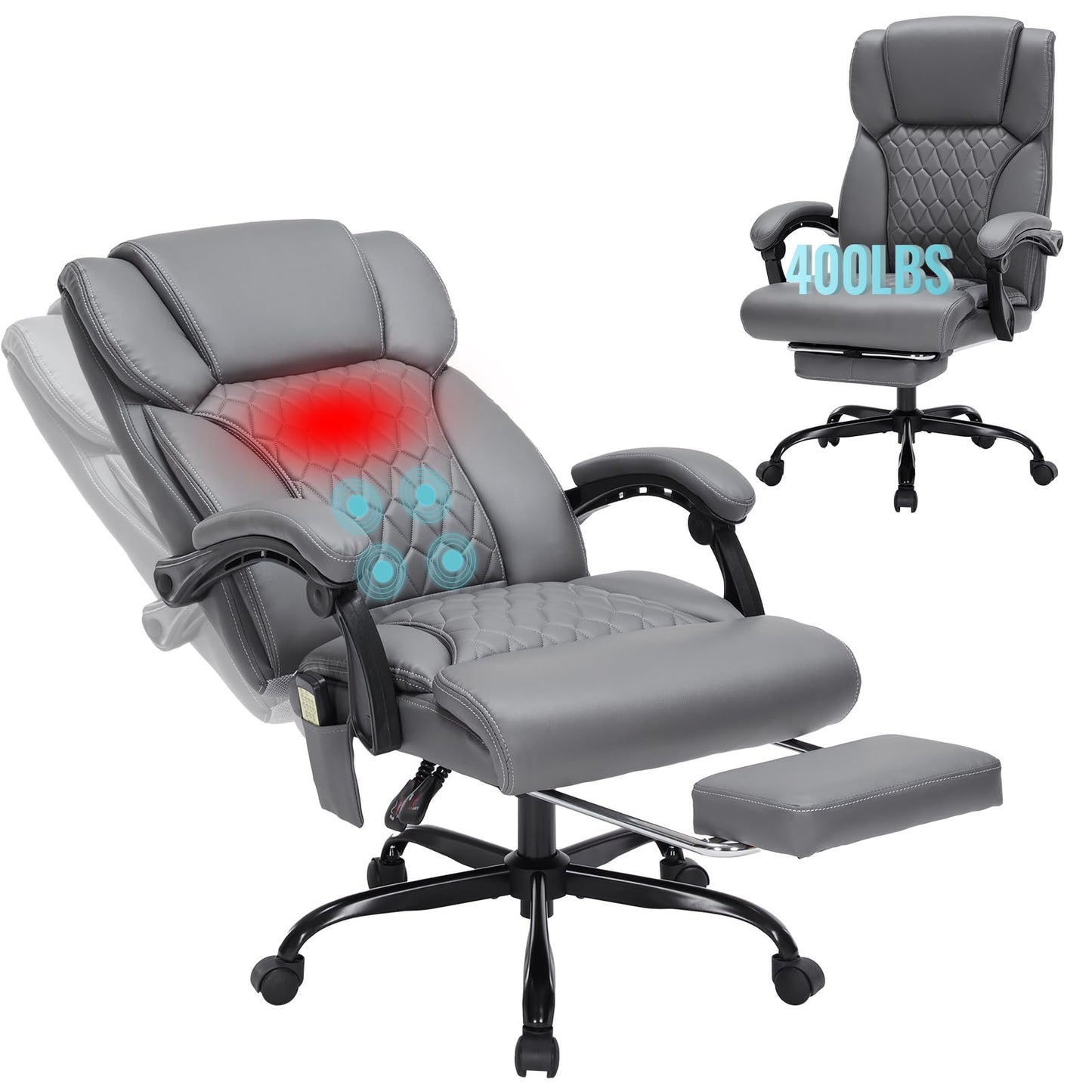 Massage & Heat Office Chair with Footrest, 400LBS Reclining Ergonomic Executive Chair for Big & Tall, High Back Home Office & Gaming Desk Chairs for Heavy People, Grey
