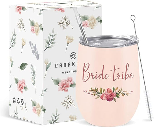 CARAKNOTS Bride Tribe Gifts Bride Tribe Cups Wedding Wine Tumbler for Bridal Shower Bachelorette Party Favor Accessories Pink Bridesmaid Cups Stainless Steel Wine Tumbler with Lid and Straw 12 oz