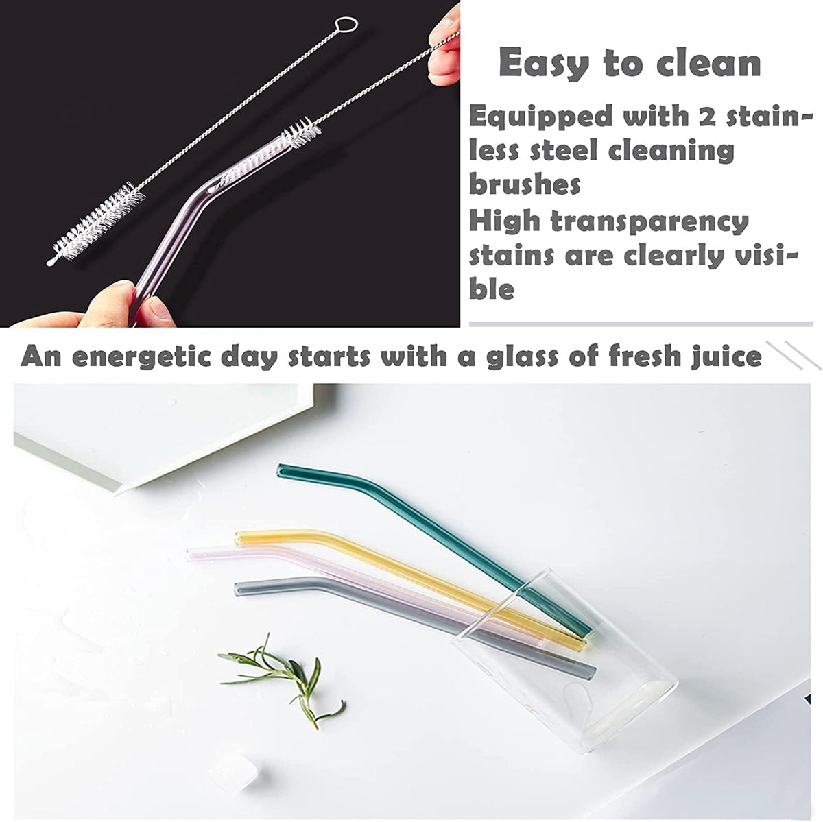 6 Reusable Colorful Curved Glass Straws, 8 Inches, Shatterproof and Heat-Resistant, Includes 2 Cleaning Brushes.