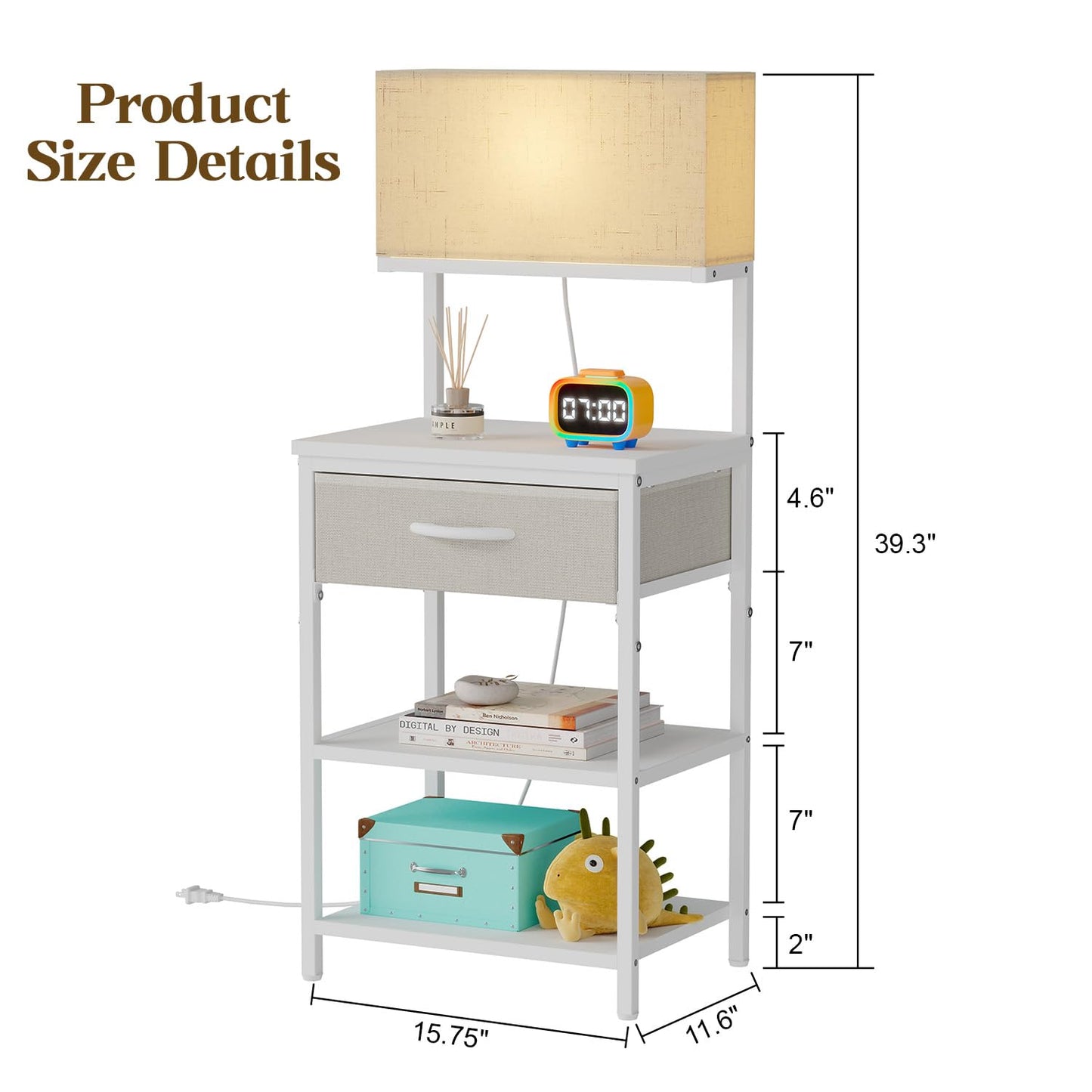 White Night Stand With Led Lamp, Small Nightstand With Drawer For small spaces, Small Bedside Table With Storage Shelves For Bedroom, Bed Side Table With Adjustable Feet, Metal Wood Structure, Sturdy