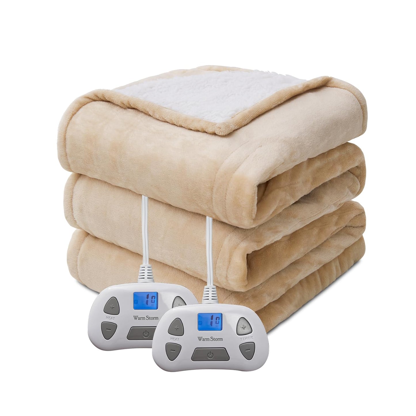 Heated Electric Blanket Queen Size 84"x90" Anti-Static Flannel and Sherpa Heating Warming Blanket with 10 Heating Levels 12 Hours Auto Off Fast Heating Over-Heat Protection Beige