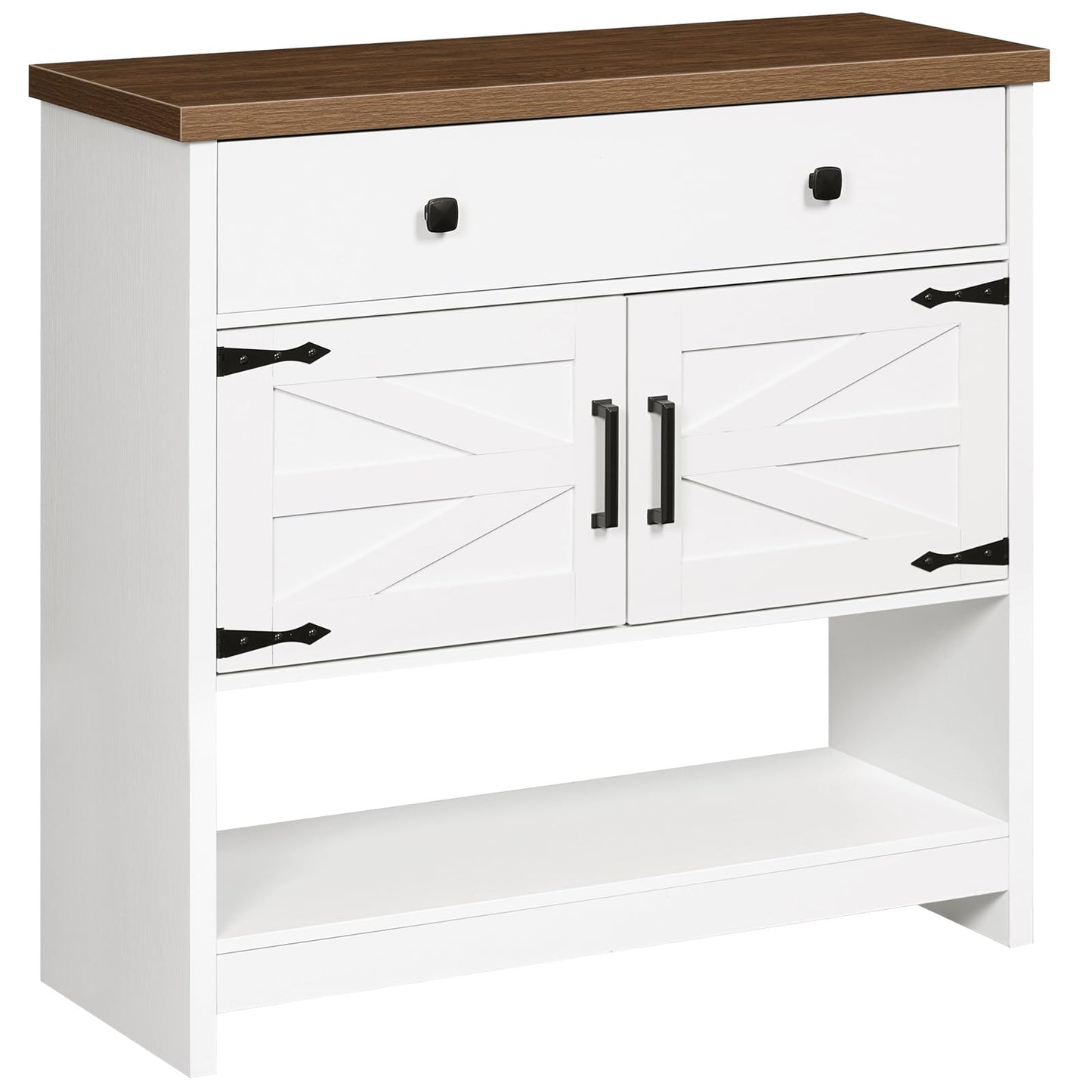 HOOBRO 34.3 Inches Farmhouse Console Table with Large Drawer and 2-Door Cabinet, Entryway Table with Storage, Sofa Table, Coffee Bar, for Entrance, Kitchen, Living Room, Walnut and White WH90XG01