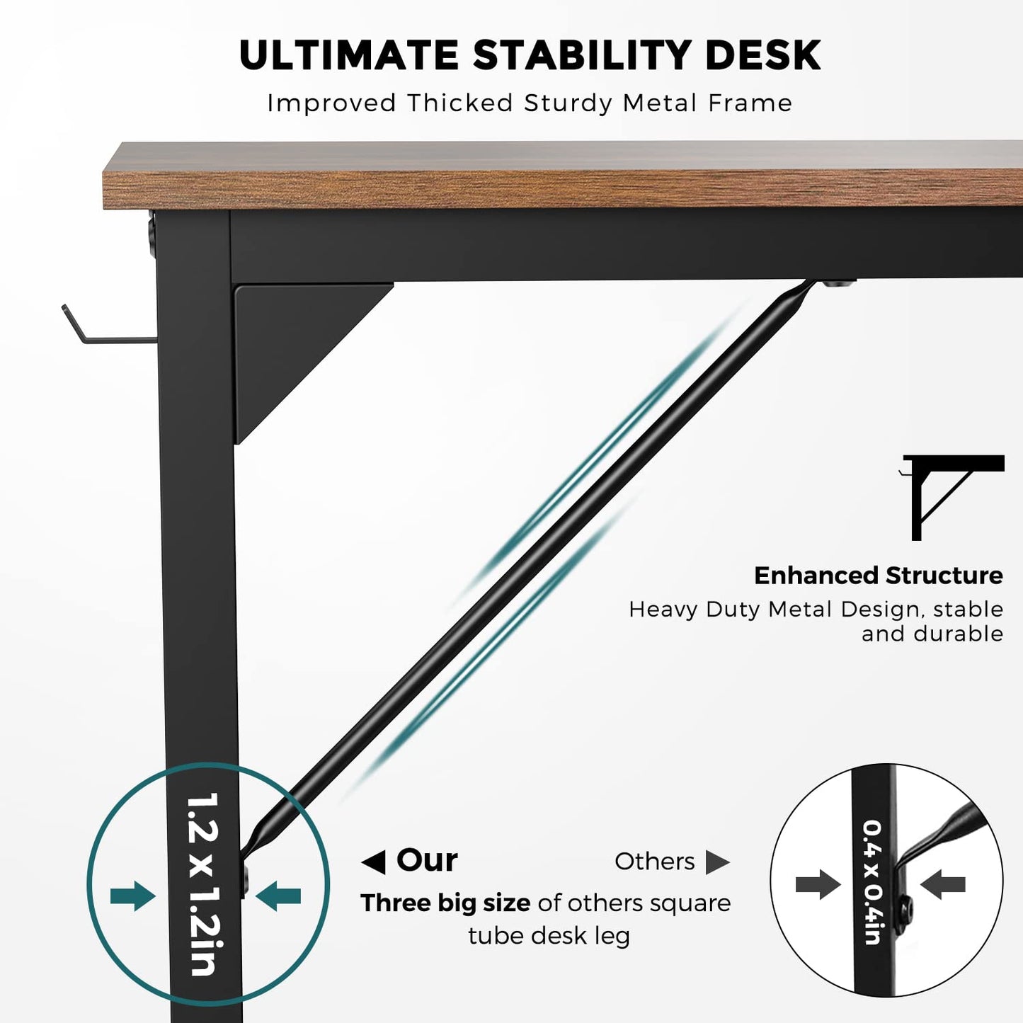 OLIXIS Computer Office Desk, 55 Inch Writing Work Study PC Wood Modern Desk with Storage Bag & Headphone Hook Simple Bedroom for 2 Person Kids Student Table, Rustic Brown