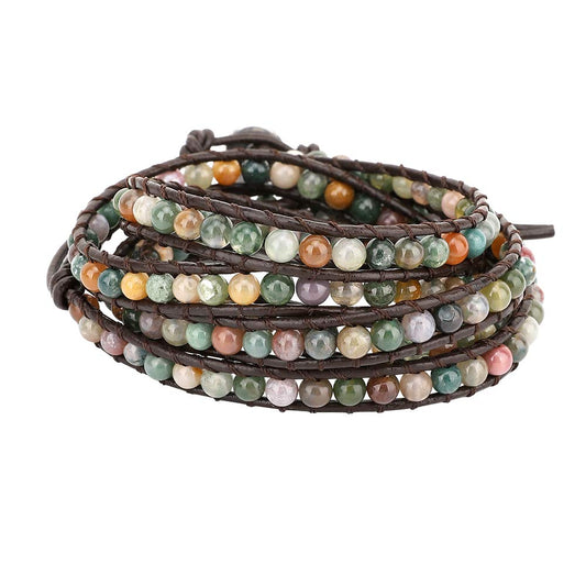 Emibele Leather Wrap Bracelets for Women, Handmade Agate Beaded Layered Bracelets Boho Jewelry Wrist Accessory for Lady Adult, Green