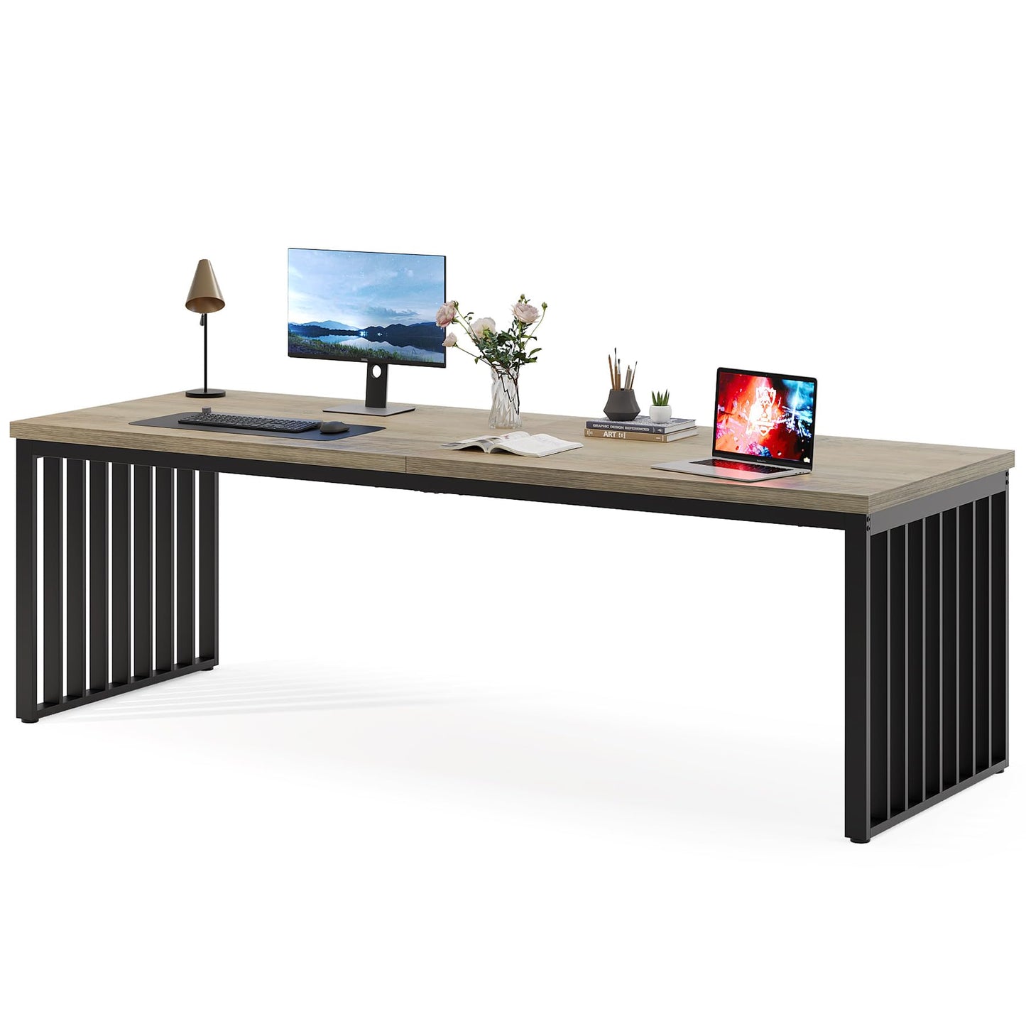 Tribesigns 78.74" Extra Long Computer Desk 2 Person Desk, Double Long Desk with Heavy Duty Metal Frame, Double Workstation Study Table for Home Office, Brown (Without Chair) (Gray & Black)