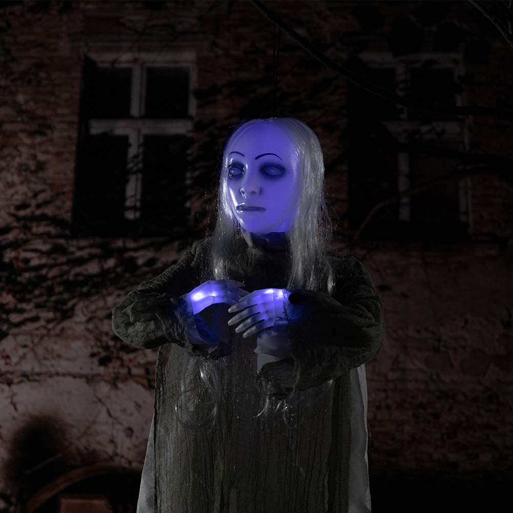 HollyHOME Animated Hanging Ghost with Glowing Head and Creepy Sounds Female Ghost Halloween Decorations Outdoor Haunted House Prop Decor 48 Inch