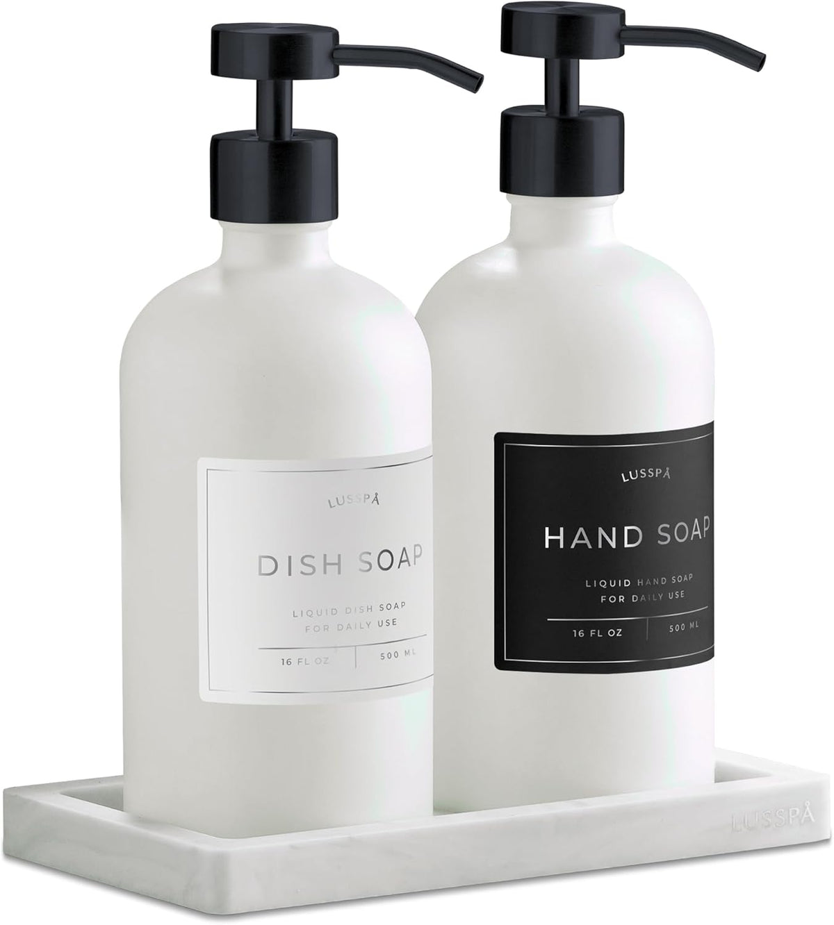 Lotion, Hand & Dish Soap Dispenser for Kitchen Sink - Bathroom Soap Dispenser Set of 2 16.8 Oz Glass Bottles with Stainless Steel Pump, 15 Water Proof Labels & Silicon Tray (White/Black)