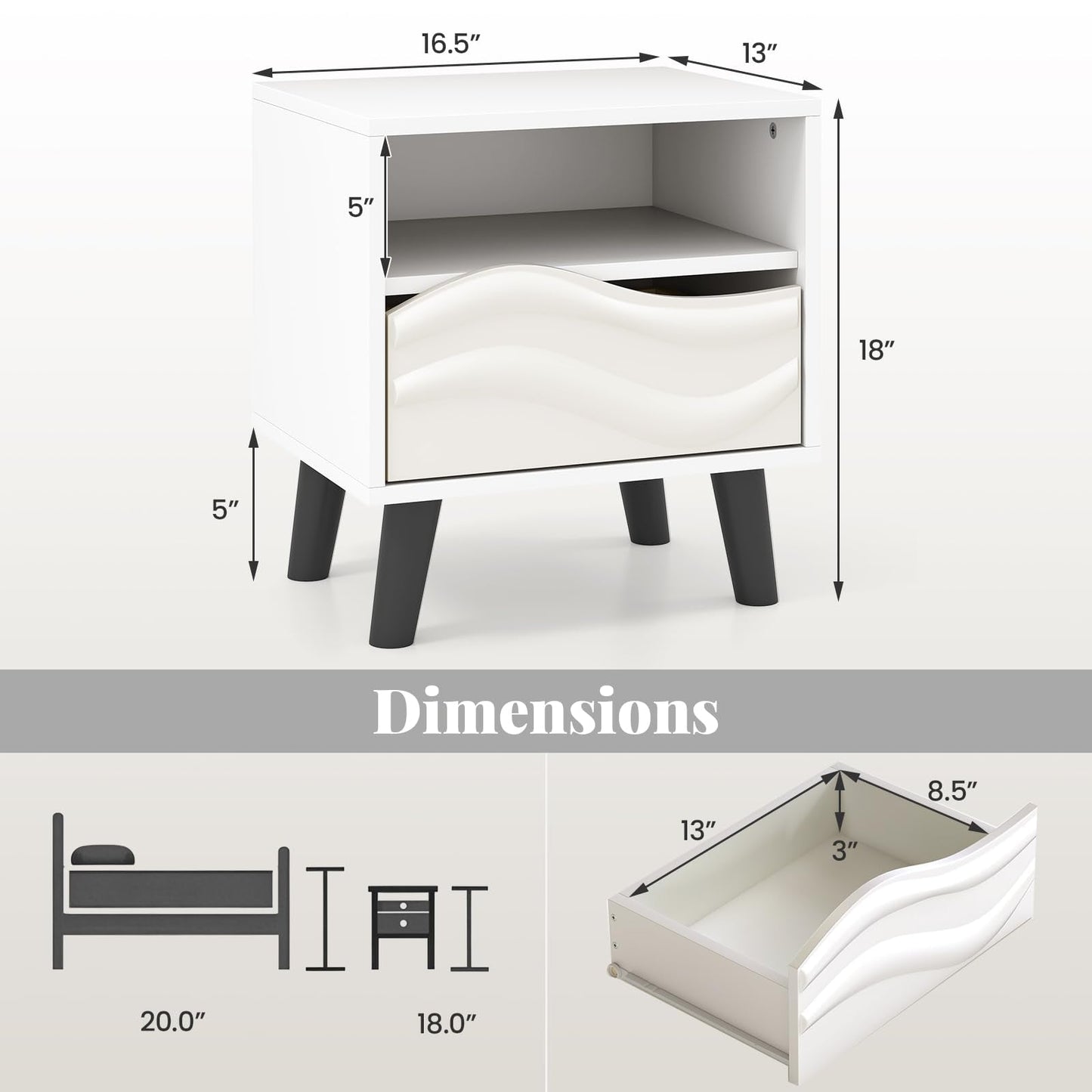 Giantex Mid Century Modern Nightstand, Wood Bedside Table with 3D Wavy Pattern & Open Shelf, Sofa Side Table, Night Stand for Small Space, Bedroom, White