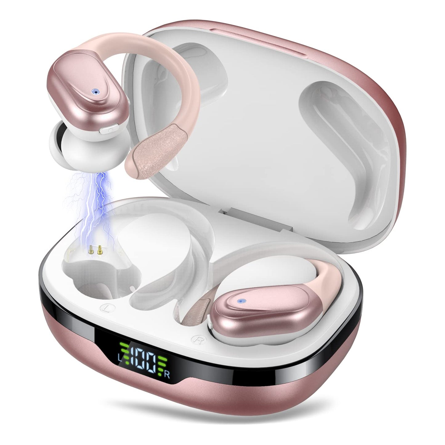 Ear buds Wireless Earbuds Bluetooth 5.3 Headphones 60hrs Playtime with Digital Display Sports Wireless Headphones with Earhook Deep Bass IPX7 Waterproof Over-Ear Earbuds for Android iOS Workout Rose