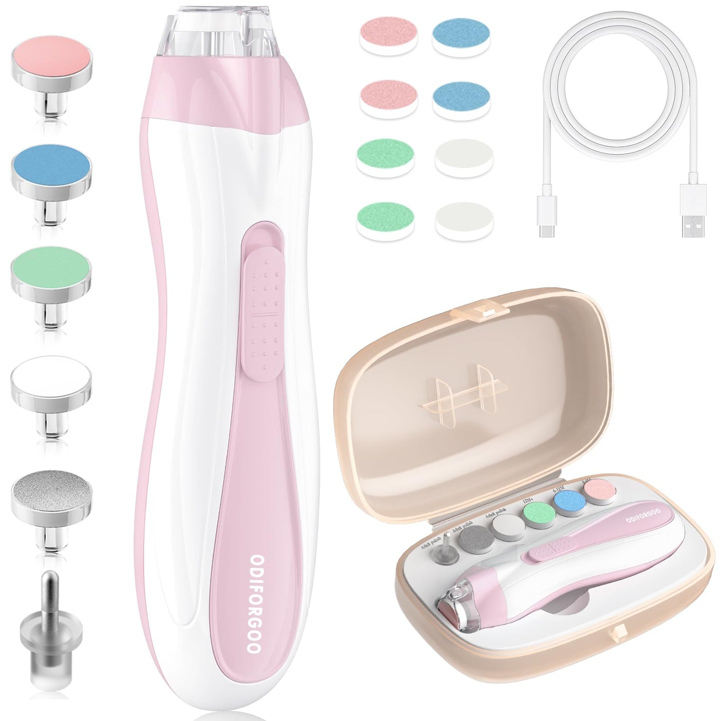 ODIFORGOO Baby Nail Trimmer Electric Baby Nail File,USB Charging 15 in 1 Nail Clippers kit with Dust Cover LED Light,Trim Buffer Kit for Newborn Infant Toddler or Adults Toes Fingernails Care（Pink）