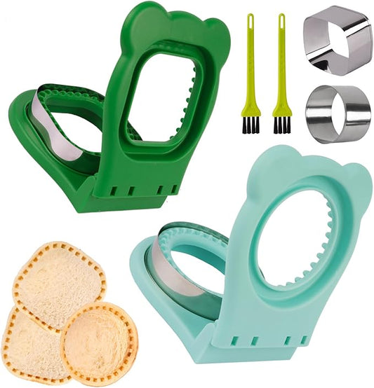 LEPCY Uncrustables Sandwich Maker Sealer Cutter, Crustless Sandwich Cutter, PB&J Uncrustable Maker - Green Square Shape + Blue Round Shape
