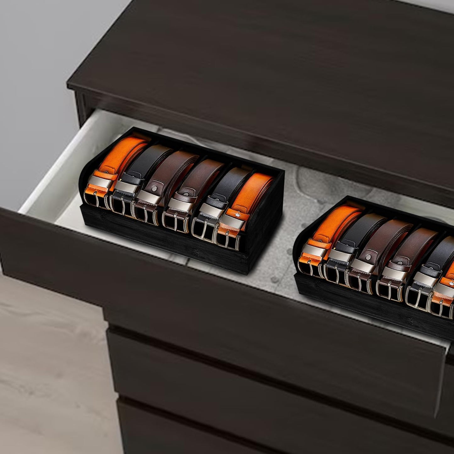 GTI Belt Organizer, 2pcs 6 Compartments Belt Organizer for Closet and Drawer, Bamboo Display Case for Tie and Belt, Belt Holder Storage Organizer for Men Women (Black)