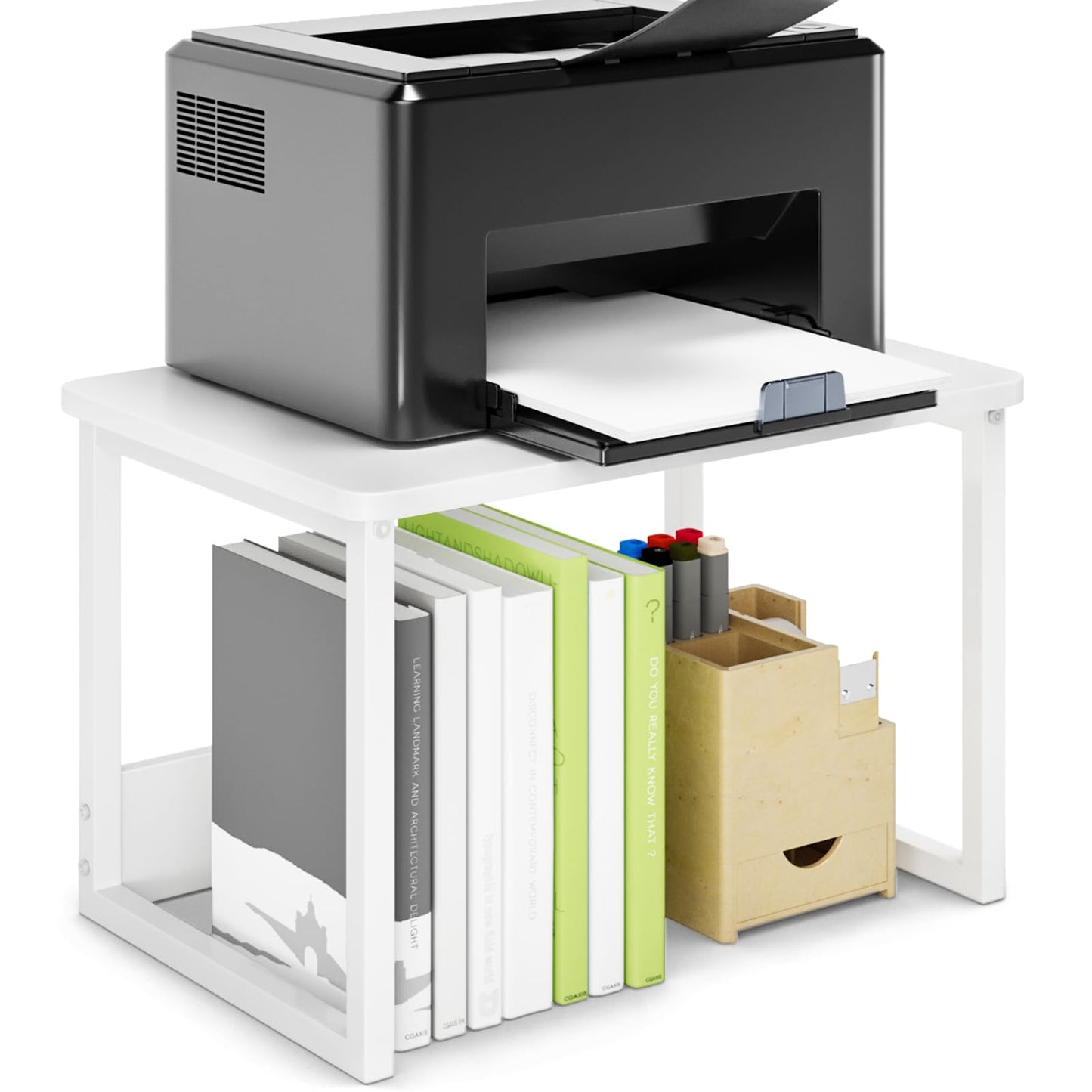 MARTY Printer Stand with Storage for Desk, Desktop Printer Stand Shelf Organzier for Home/Office Heavy Duty Printer Riser Under Desk Small Printer Table for Fax Machine Copier Scanner(White)