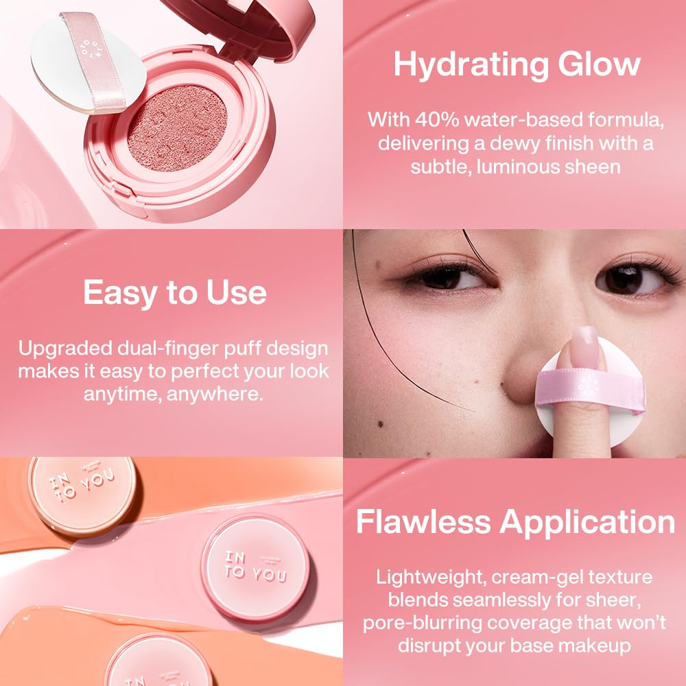 INTO YOU Cream Blush Air Cushion for Cheeks Eyes, Moisturizing, Lightweight, Dewy Finish Face Makeup, Long Wearing, Buildable, Blendable, Pigmented Liquid Blush, for All Skin Tones, Sunlit Peach