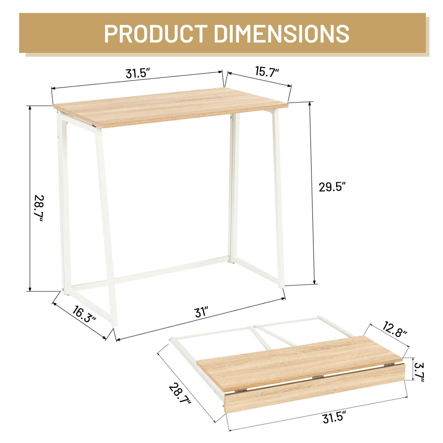 FurnitureR Folding Desk, 31.5 Inches Foldable Simple Laptop Table, Space Saving Computer Study Desk Compact Writing Workstation for Small Space, Light Oak