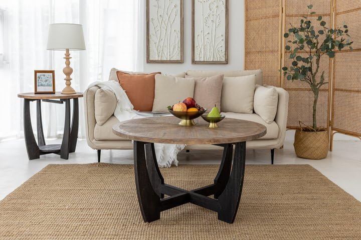 COZAYH Rustic Farmhouse Coffee Table with Crisscross Base, French Country Accent Table for Family, Dinning or Living Room, Modern, Round