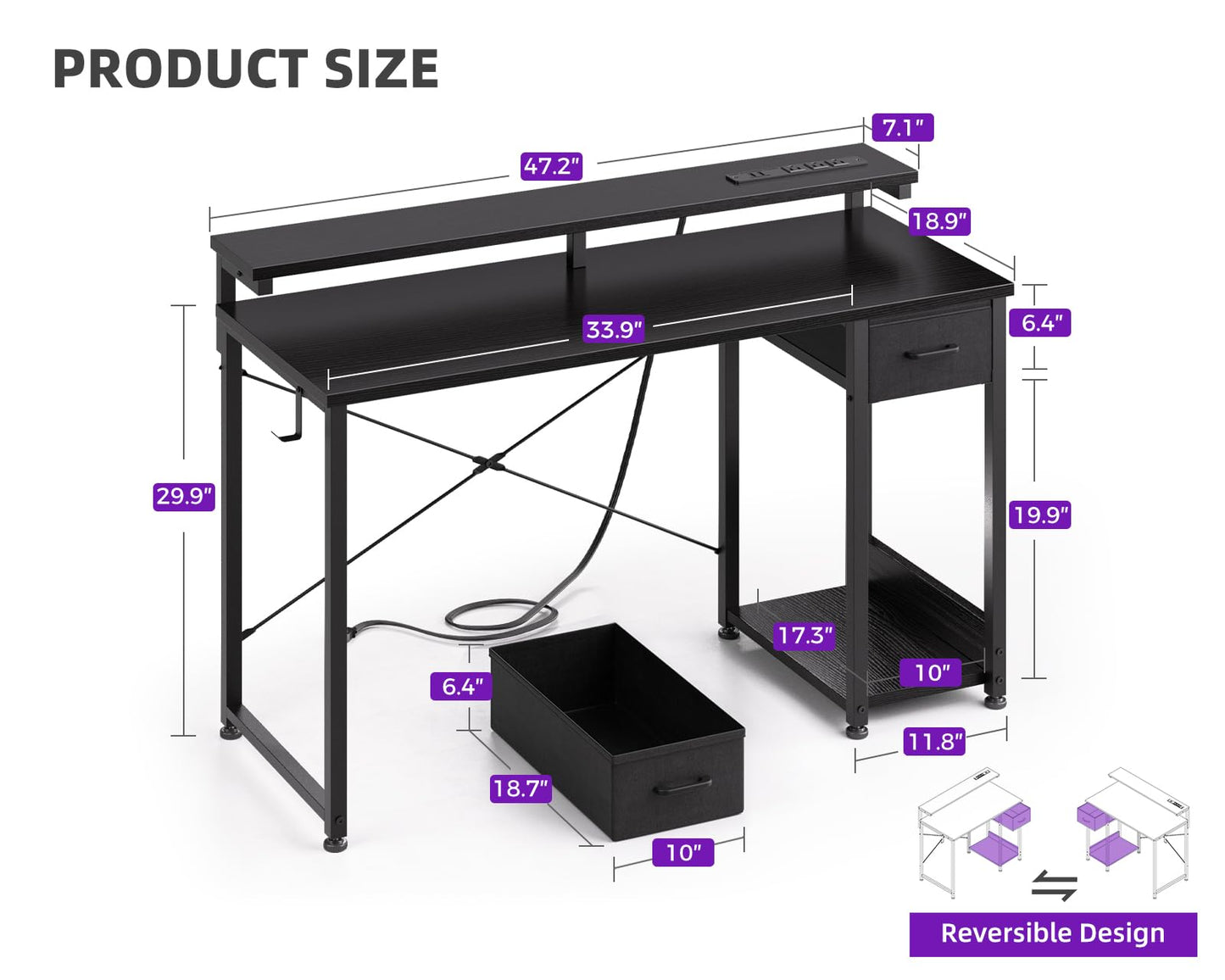 MOTPK Gaming Desk with LED Lights & Power Outlet, 48 Inch Computer Desk with Drawer, Reversible Table with Monitor Shelf & Headphone Hook for Home Office, Black