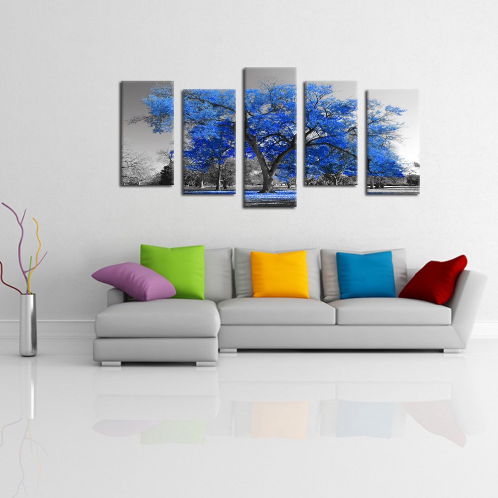 KREATIVE ARTS Canvas Print Wall Art Painting Contemporary Blue Tree In Black And White Style Fall Landscape Picture Modern Giclee Stretched And Framed Artwork (Large Size 60x32inch)