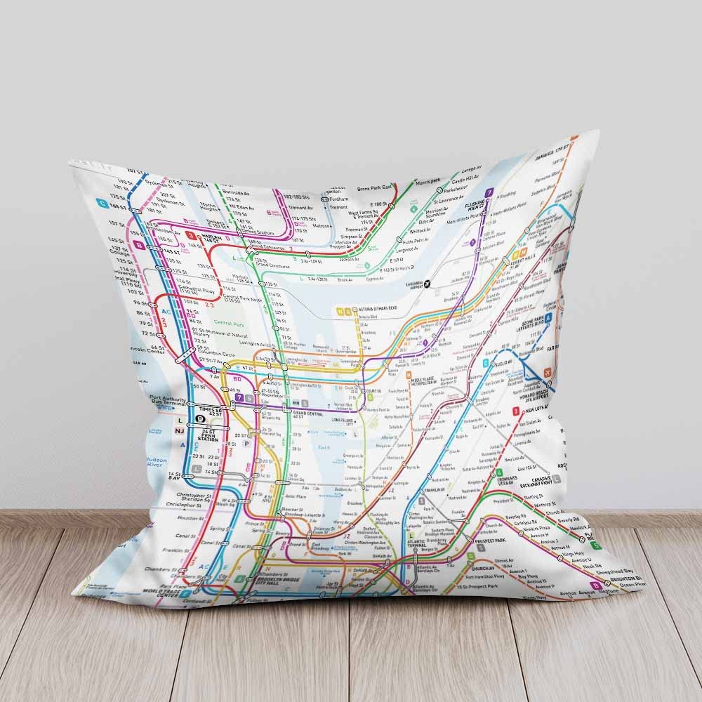 Beabes Throw Pillow Covers New York Subway Map Route Red Blue Orange Purple Green Pink Soft Decorative Square,Pack of 2 Cushion Case for Sofa Bedroom Car 18X18 Inch 45X45 Cm