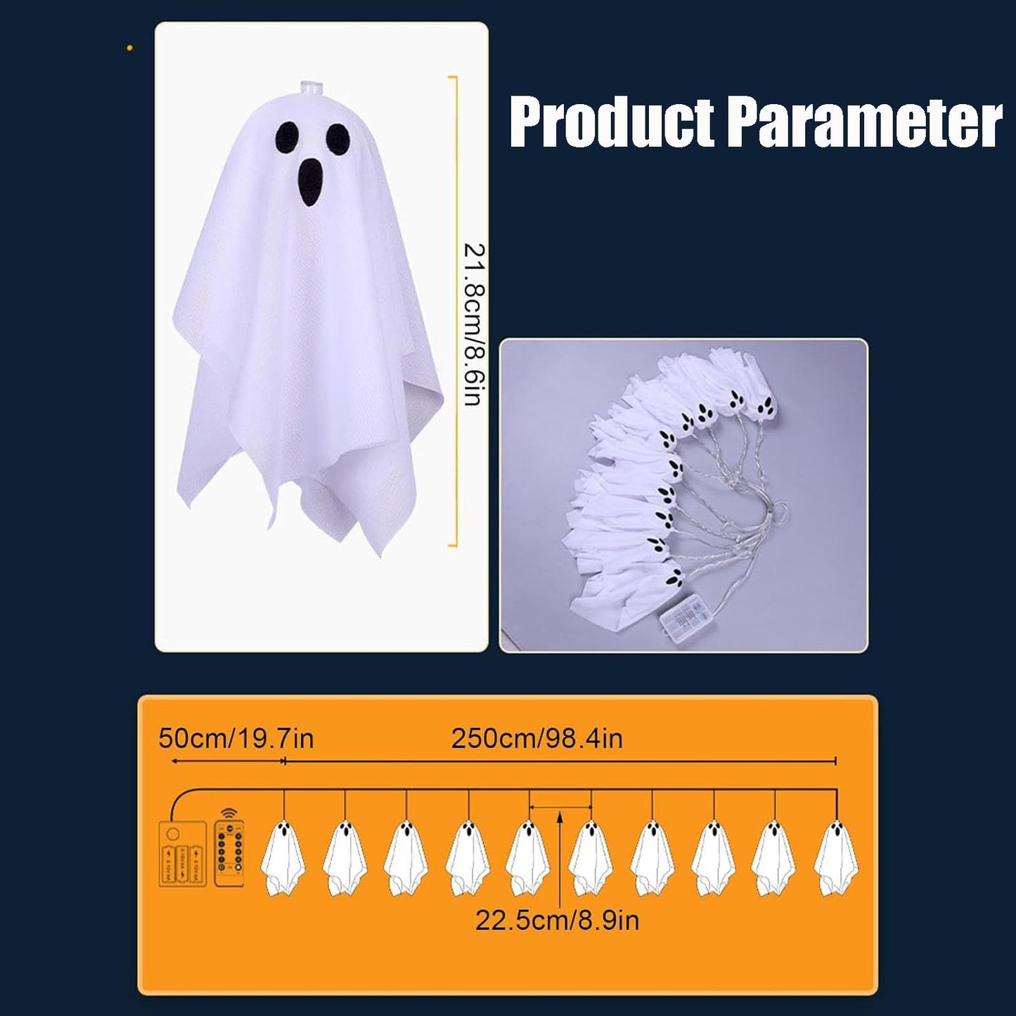 KooluWin 10 LED Ghost Battery Operated Halloween Lights, 8 Modes Ghost Hanging Lights String, Waterprof Spooky Halloween Decorations Indoor Outdoor for Party, Haunted House, Fireplace, Porch (2 Pcs)