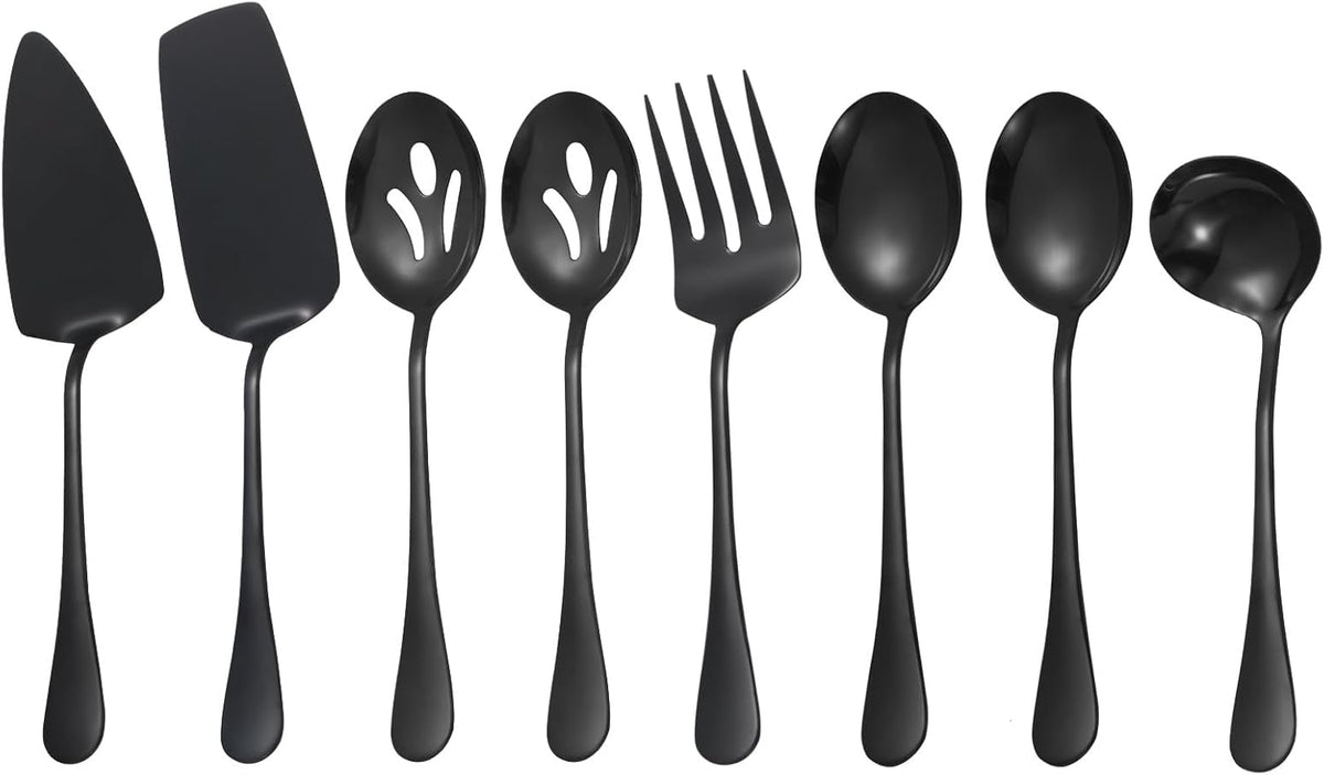 Black Serving Utensils,8 Pcs Stainless Steel Serving Utensil Set Include Serving Spoons,Serving Fork,Soup Ladle,Lasagna Server,Pie Server,Large Serving Set for Parties Buffet Home,Dishwasher Safe