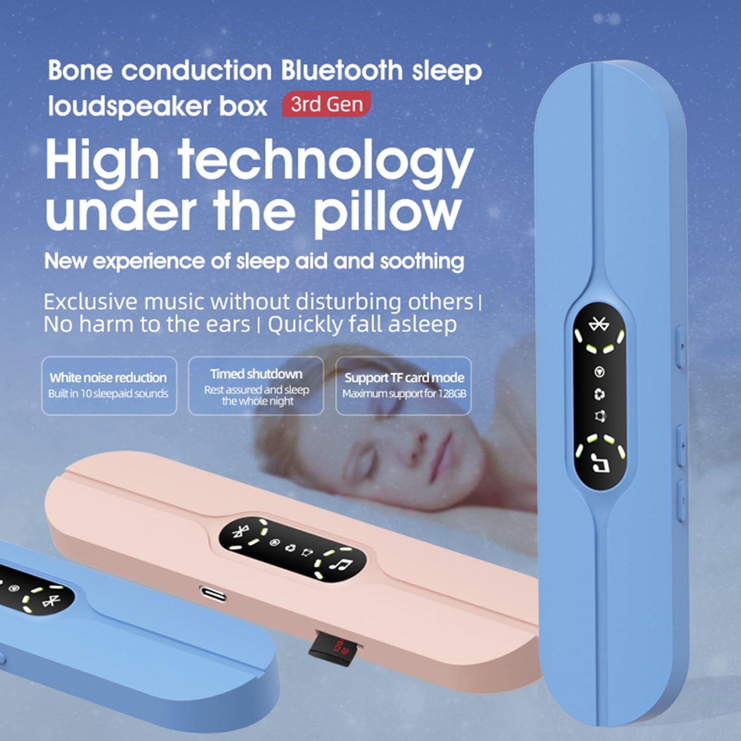 borotess Pillow Speaker for Sleeping - Bluetooth Bone Conduction Sleep Sound Speaker with 3D White Noise, Volume Control & Sleep Timer for Side Sleepers, Pink