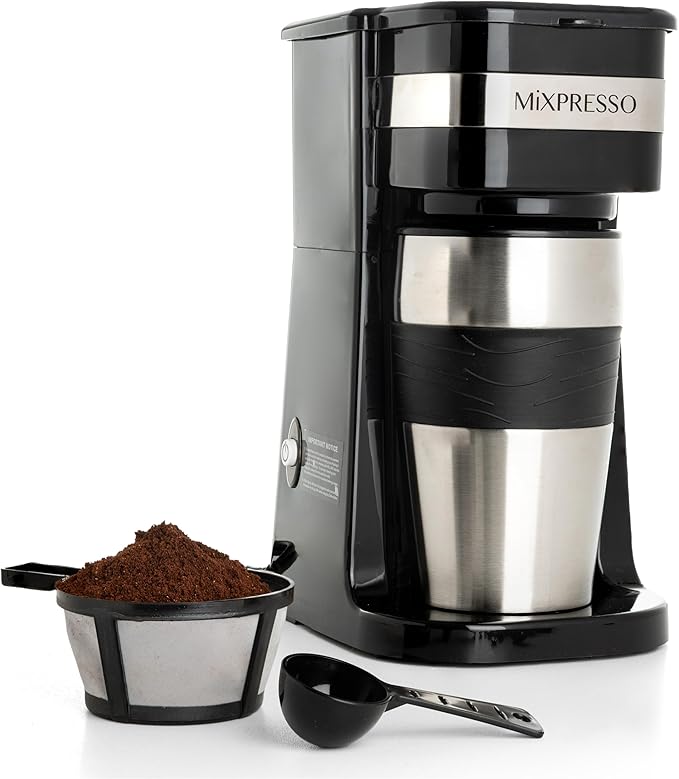 Mixpresso Black Personal Single Serve Coffee Maker with 14oz Travel Mug, Drip Small Coffee Maker with Auto Shut Off, Reusable Filter, Works with Ground Coffee Only – Not for K-Cup Pods