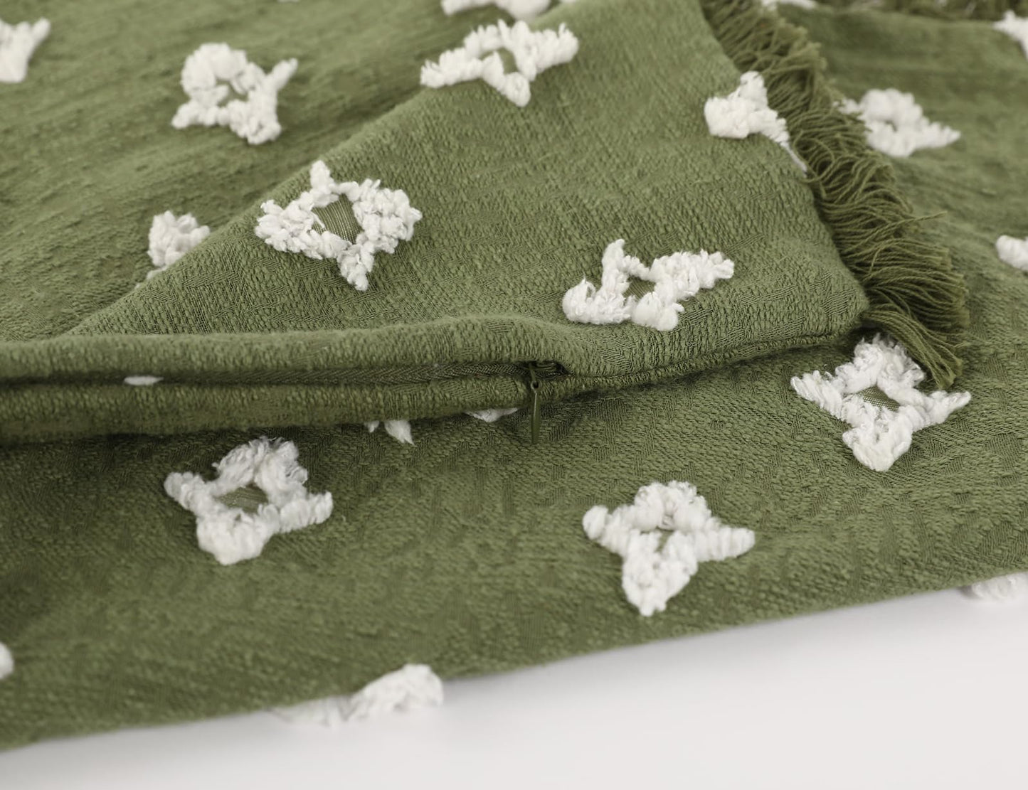 DRNOU Boho Long Lumbar Pillow Cover 14x24 with Tassel,3D Flower Patterned Cotton Decorative Long Lumbar Pillow Cover Pillow Case for Sofa Couch Bed Livingroom Farmhouse,Sage Green