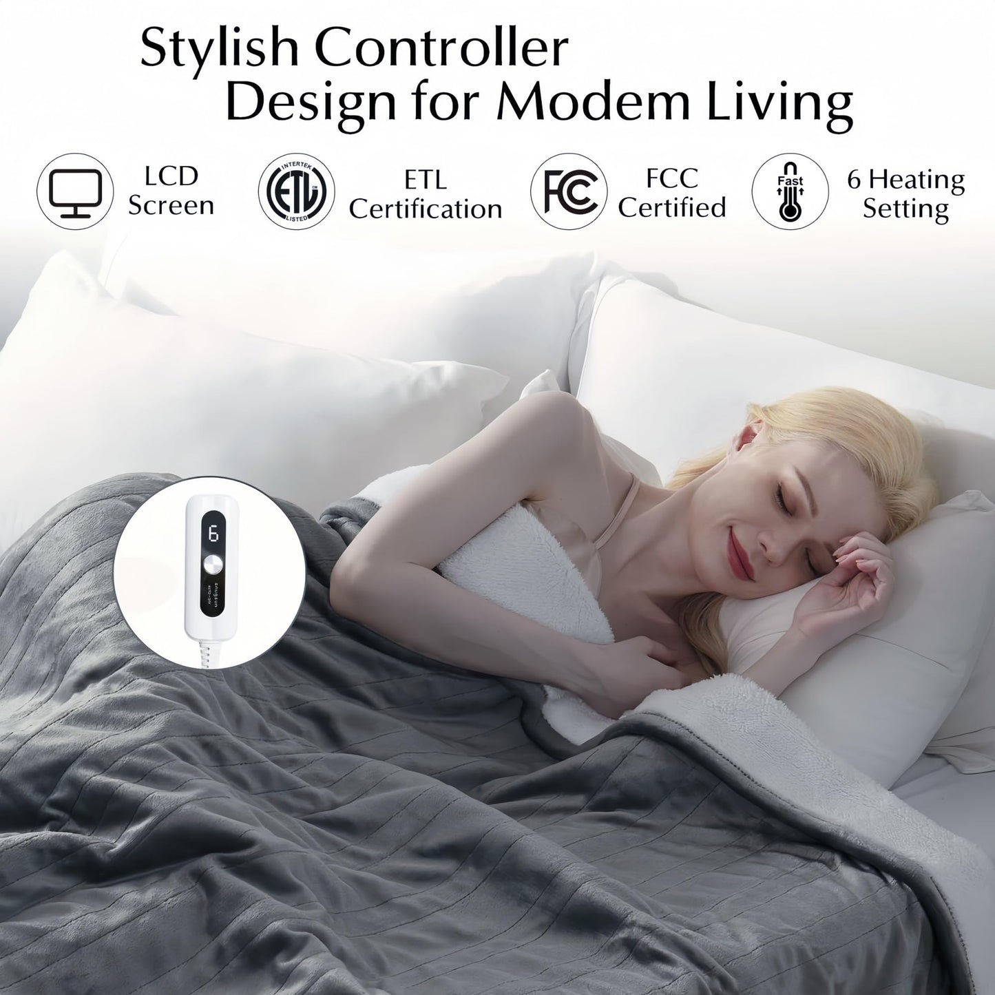 SNUGSUN Heated Blanket Throw Size, Soft and Cozy Electric Heating Blanket for Bed, Automatic Safety System 6 Heating Levels & 4 Hours Auto-Off Gift for Grandma,50" x 60" London Grey