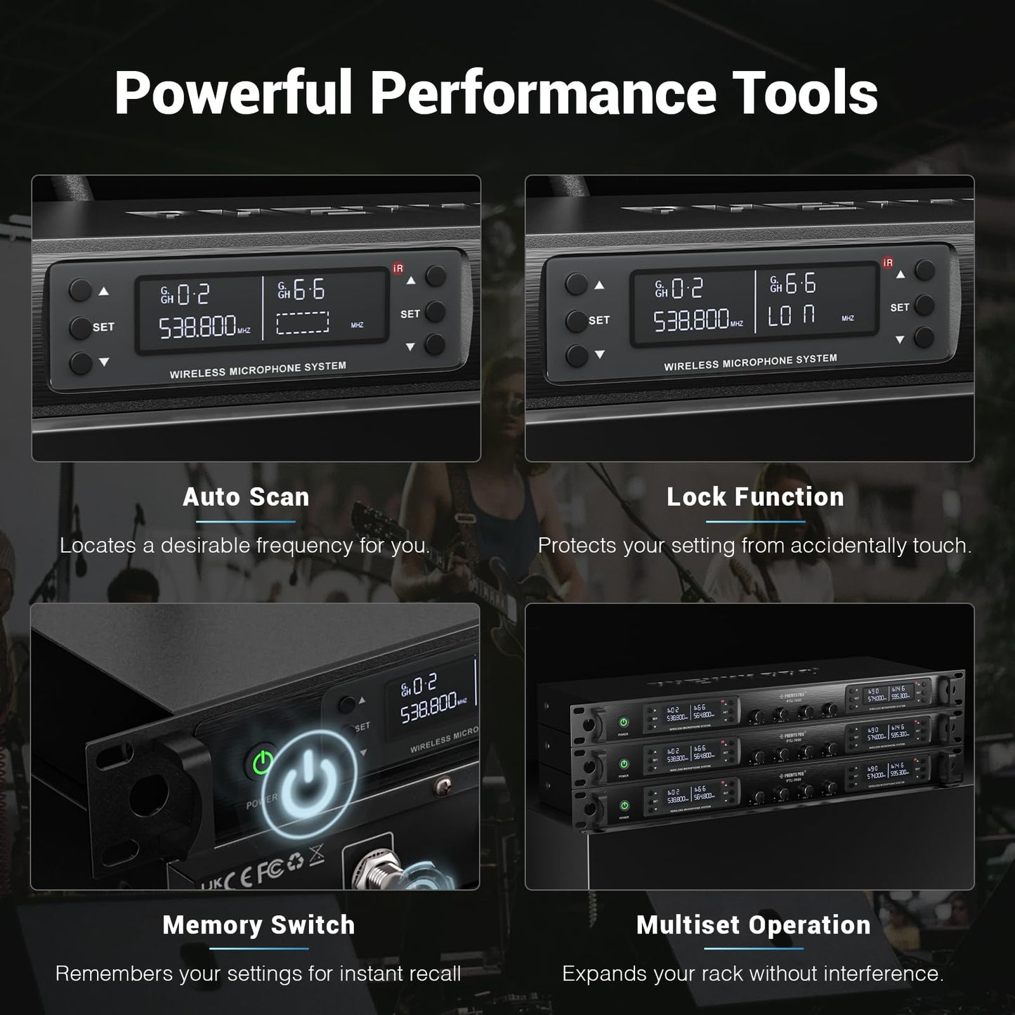 Phenyx Pro Wireless Microphone System, Quad Channel Wireless Mic, w/ 4x40 UHF Frequencies, Auto Scan, 328ft Long Range, 4 Handheld Dynamic Microphone for Singing, Church, Karaoke (PTU-7000-4H)