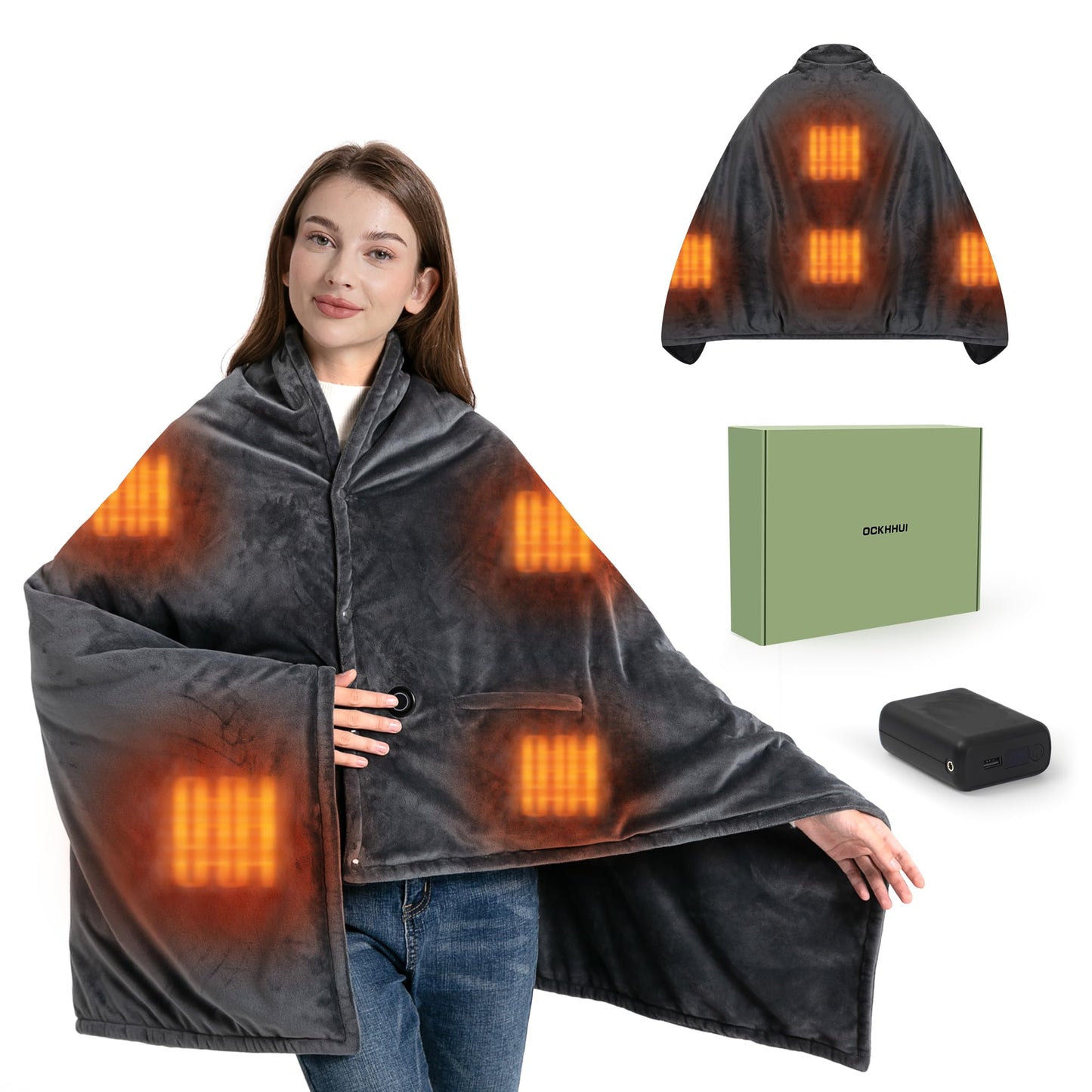 Rutoab Heated Blanket with 20000mAh Power Bank, 58"X35" Dual-Sided Crystal Velvet, Rapid Heating, 3 Temps, Portable Cordless Heated Throw Shawl for Indoor & Outdoor Comfort (Dark Gray)